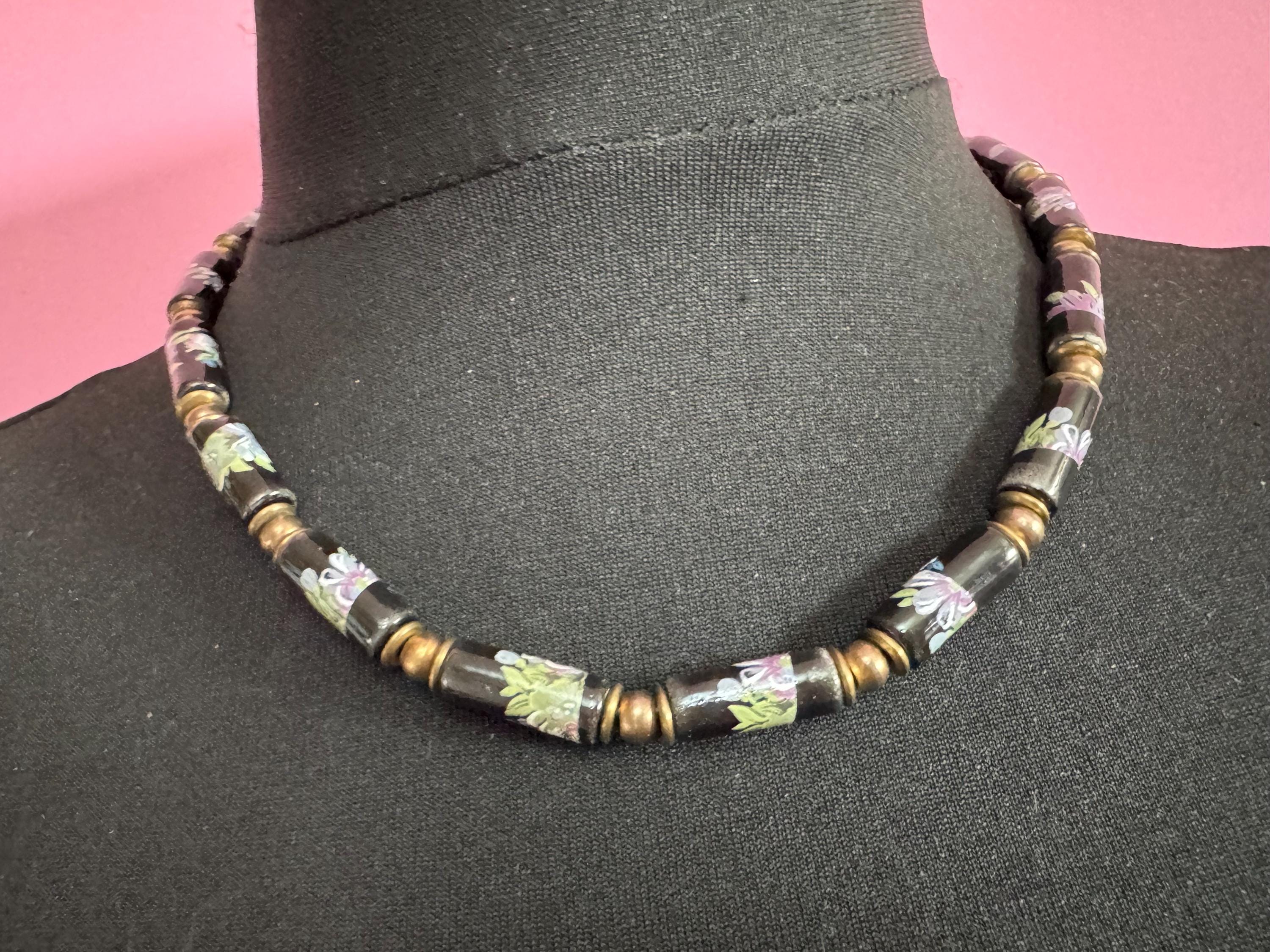1970s Black green Chinese cloisonné enamel tube beaded necklace gold tone