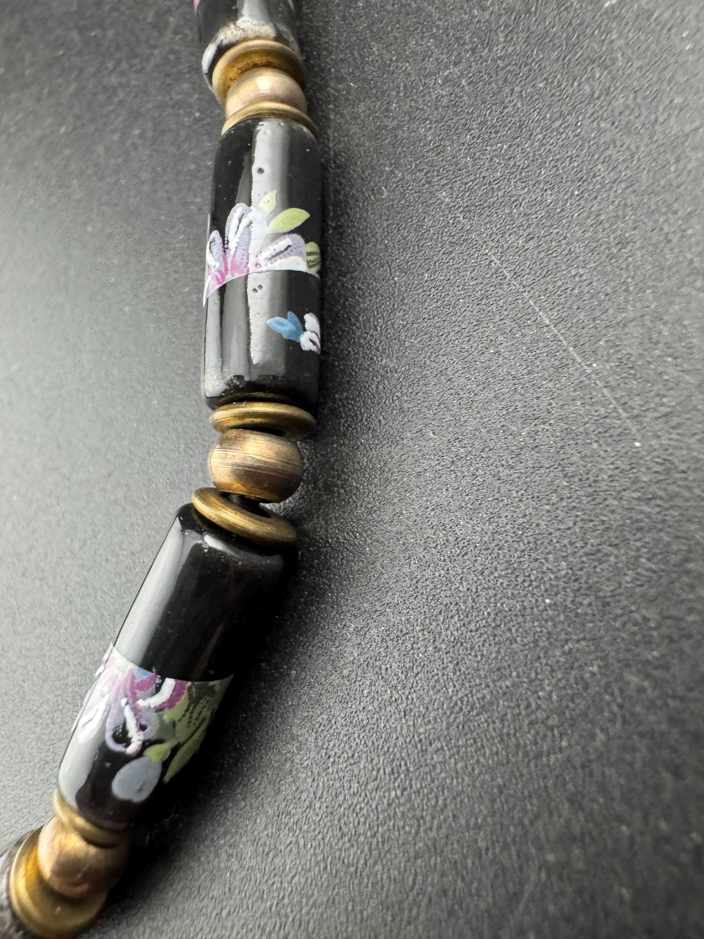1970s Black green Chinese cloisonné enamel tube beaded necklace gold tone