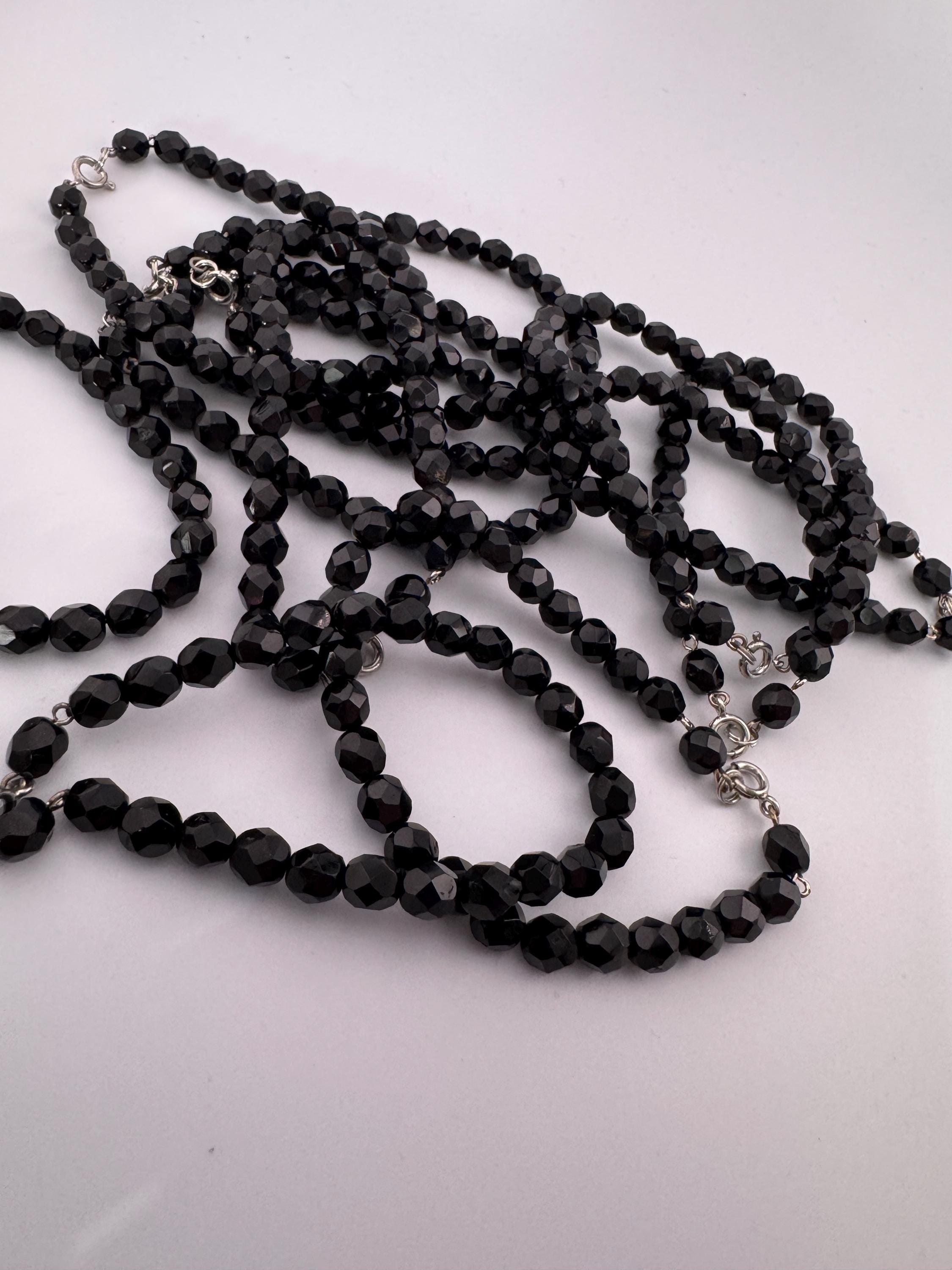 Vintage French jet faceted glass black beaded 21cm price each