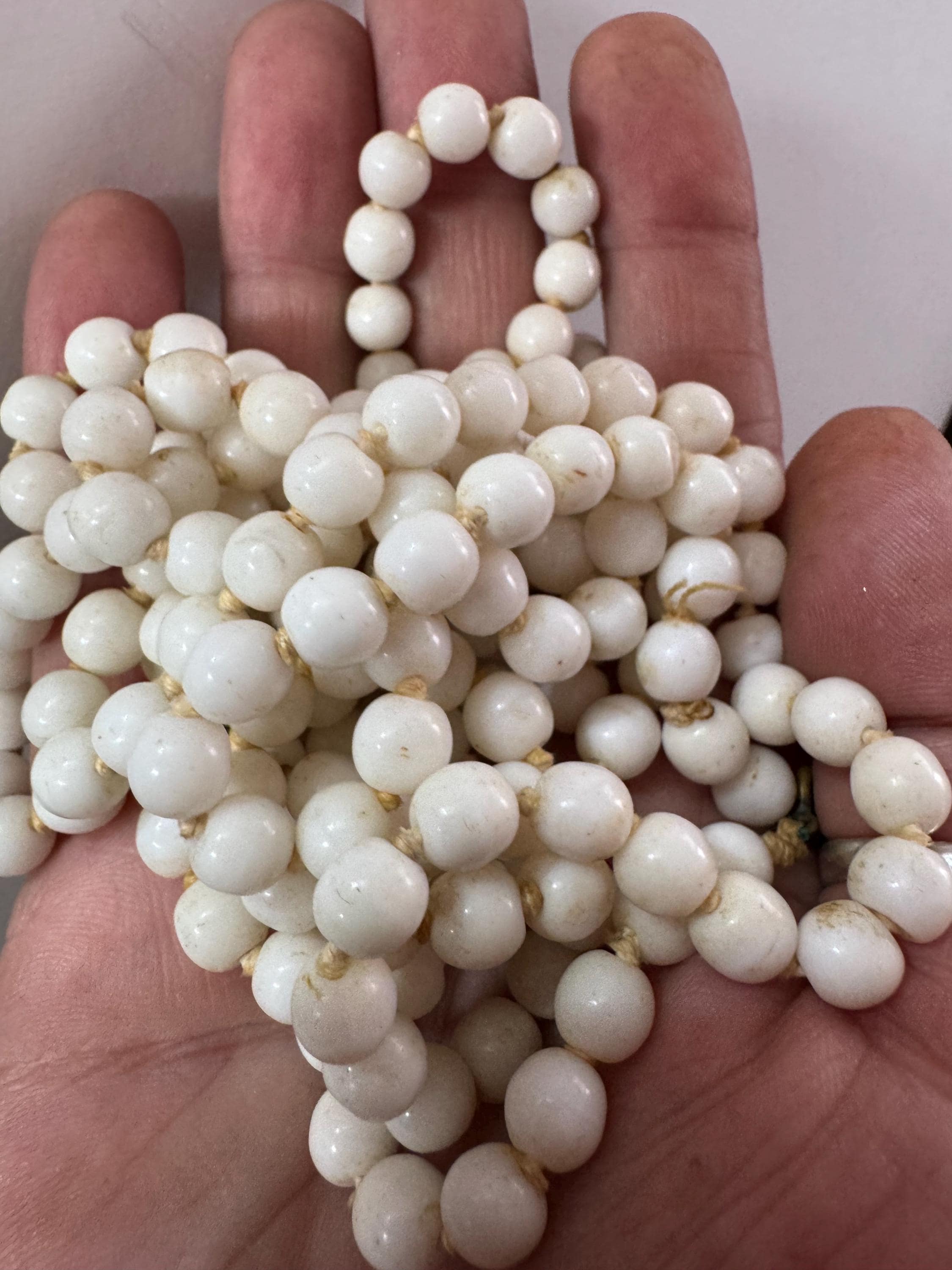 As found Vintage 150cm long White milk glass barrel beaded layering necklace