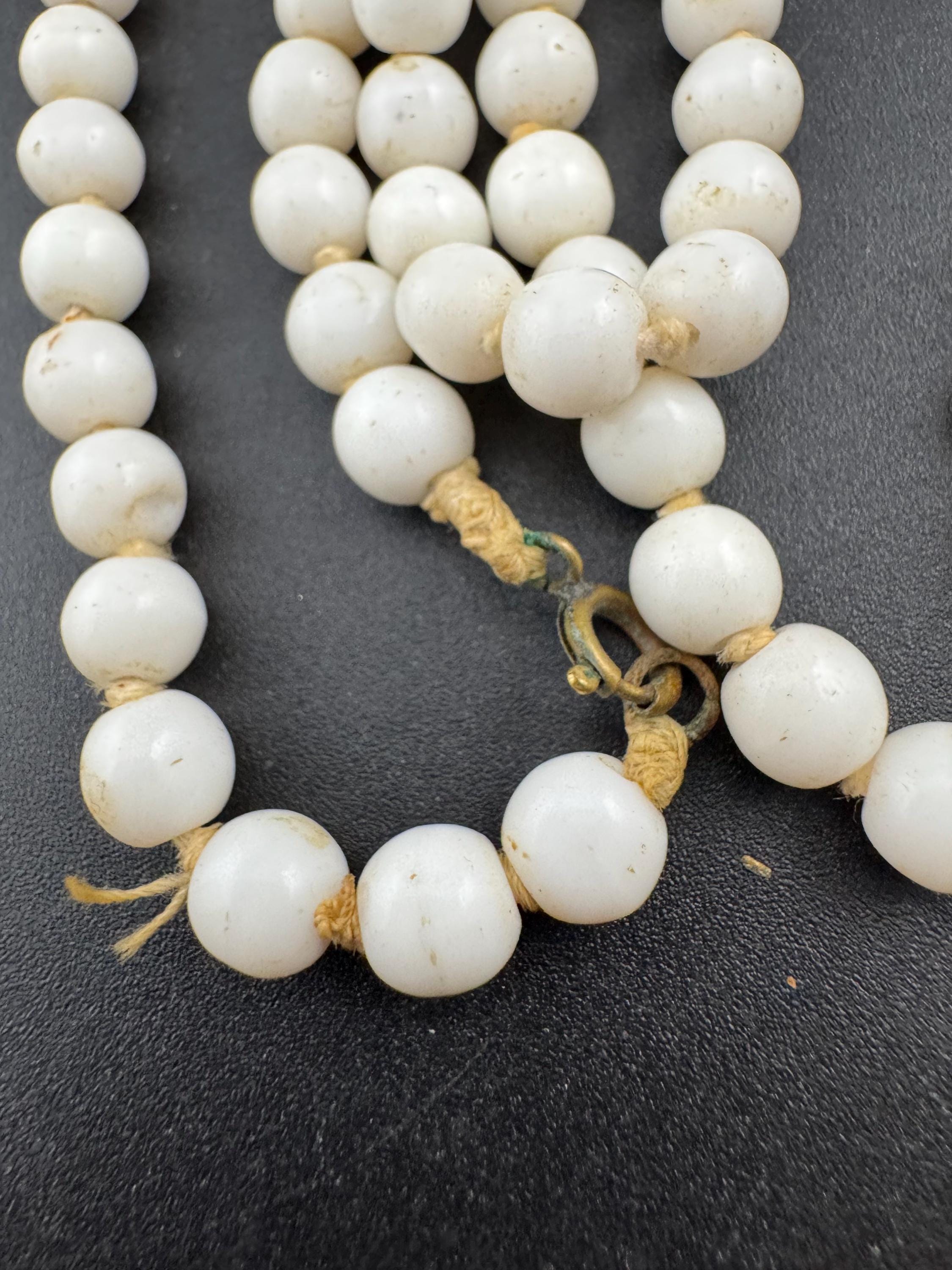 As found Vintage 150cm long White milk glass barrel beaded layering necklace