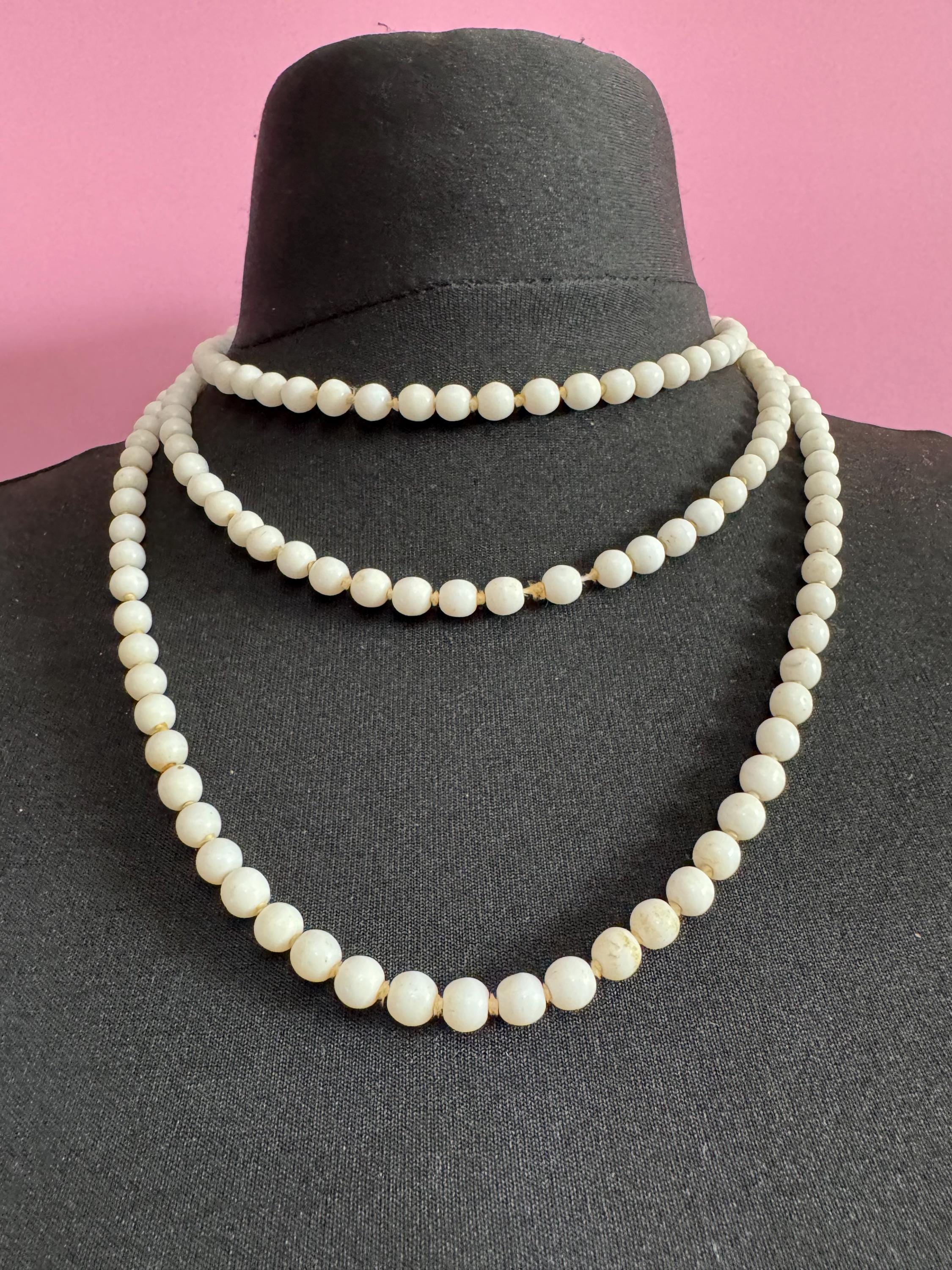 As found Vintage 150cm long White milk glass barrel beaded layering necklace