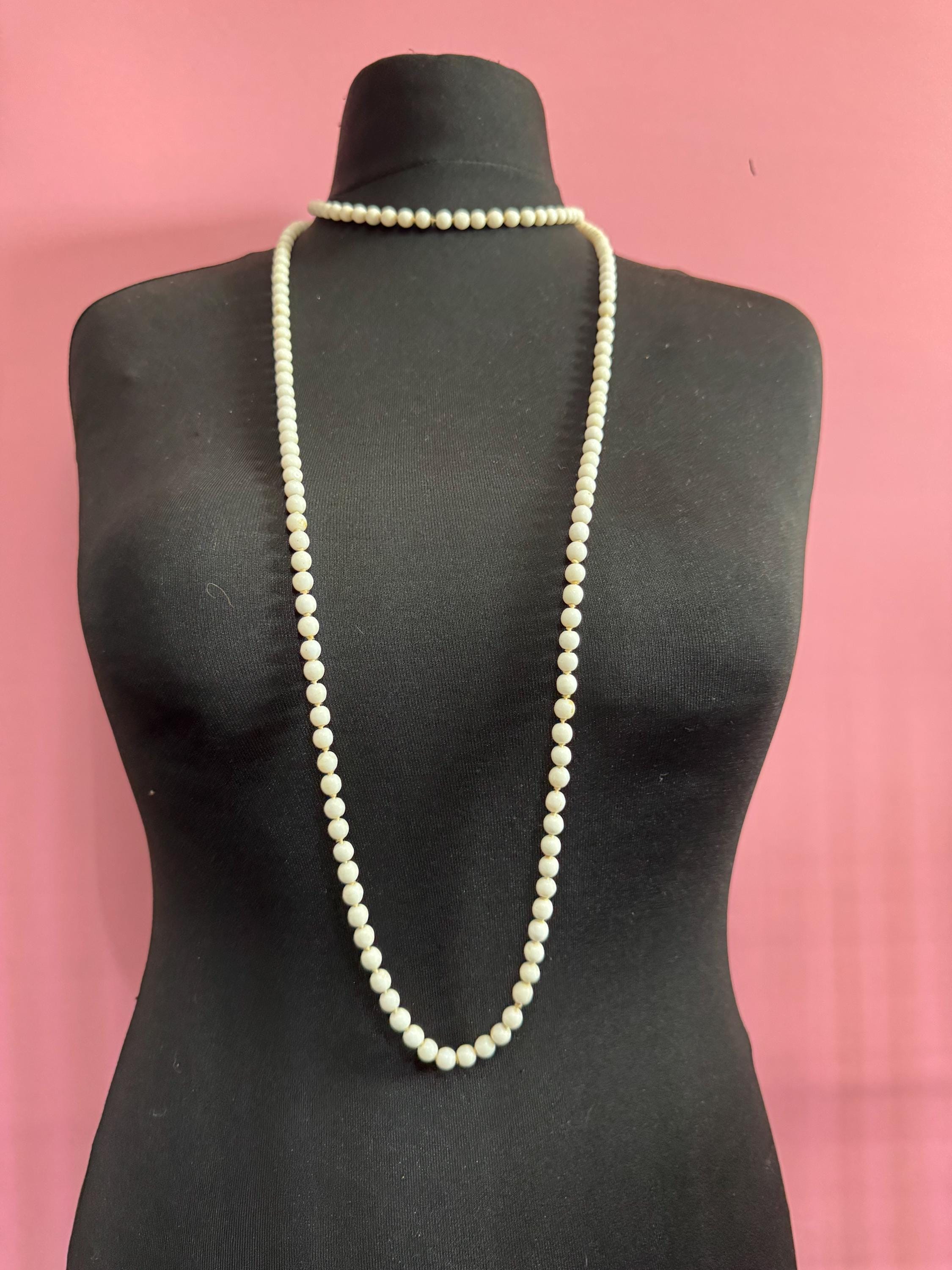 As found Vintage 150cm long White milk glass barrel beaded layering necklace