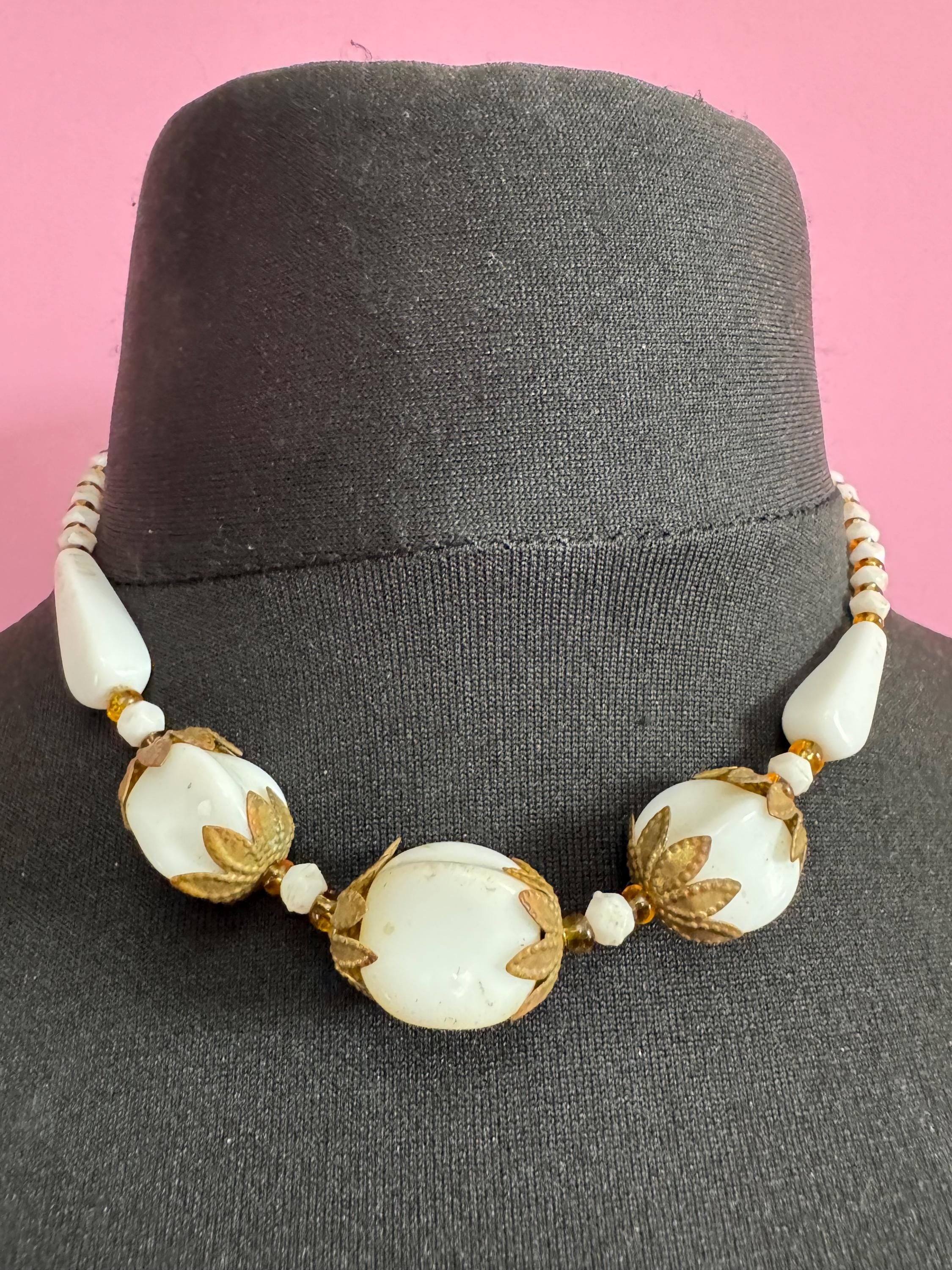 As found Vintage czech White milk glass beaded brass filigree art deco necklace 44cm