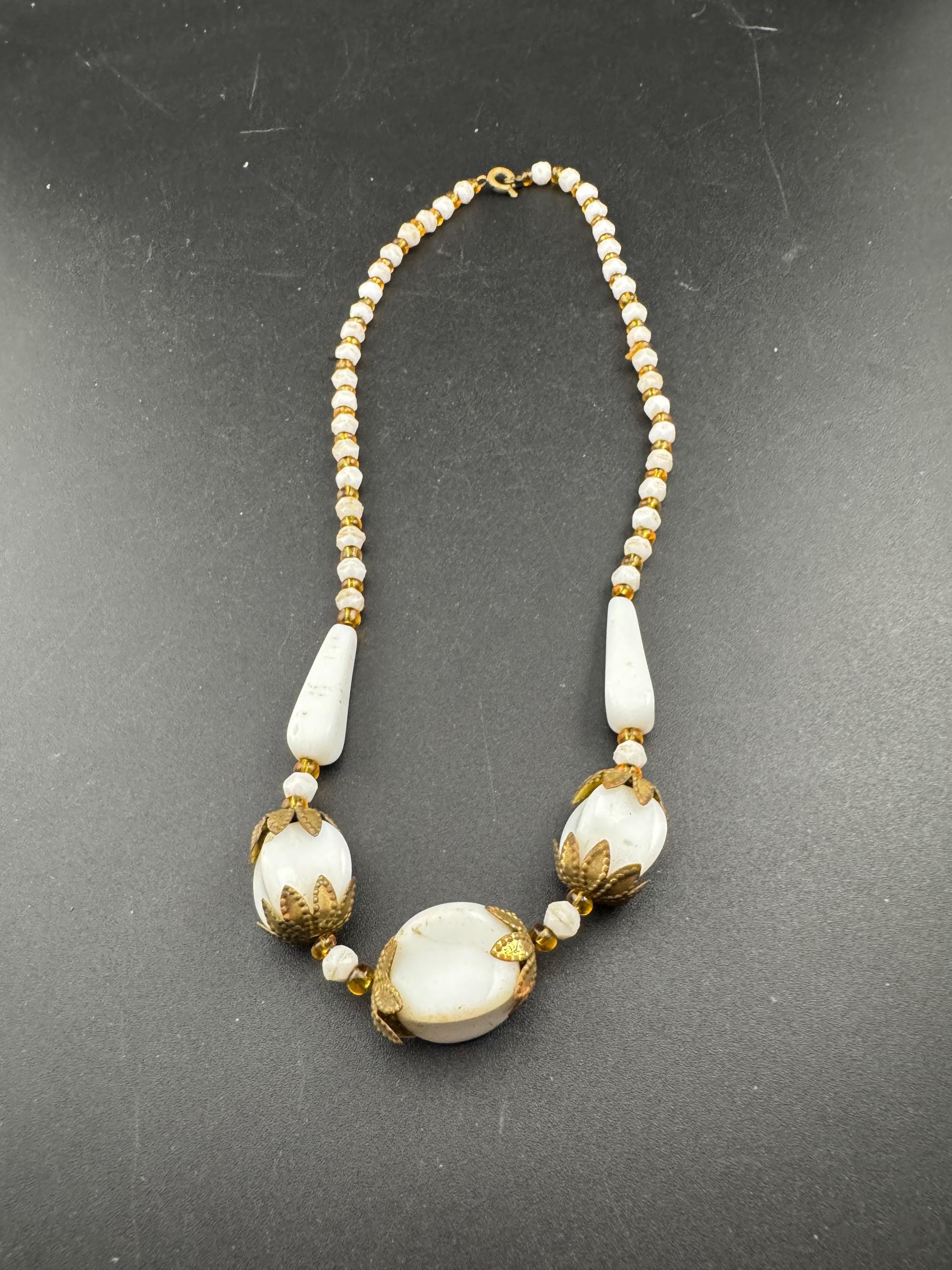 As found Vintage czech White milk glass beaded brass filigree art deco necklace 44cm