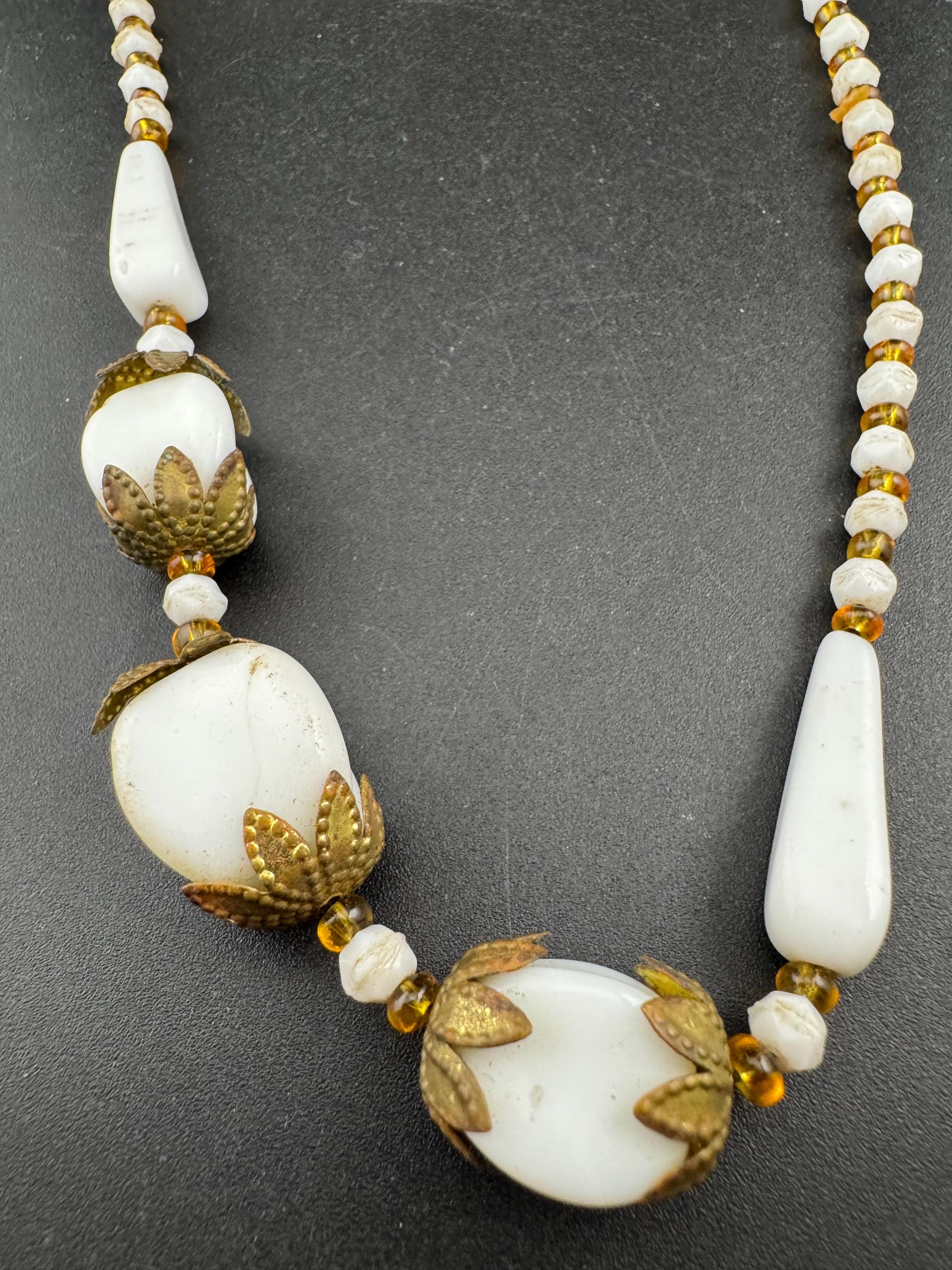 As found Vintage czech White milk glass beaded brass filigree art deco necklace 44cm