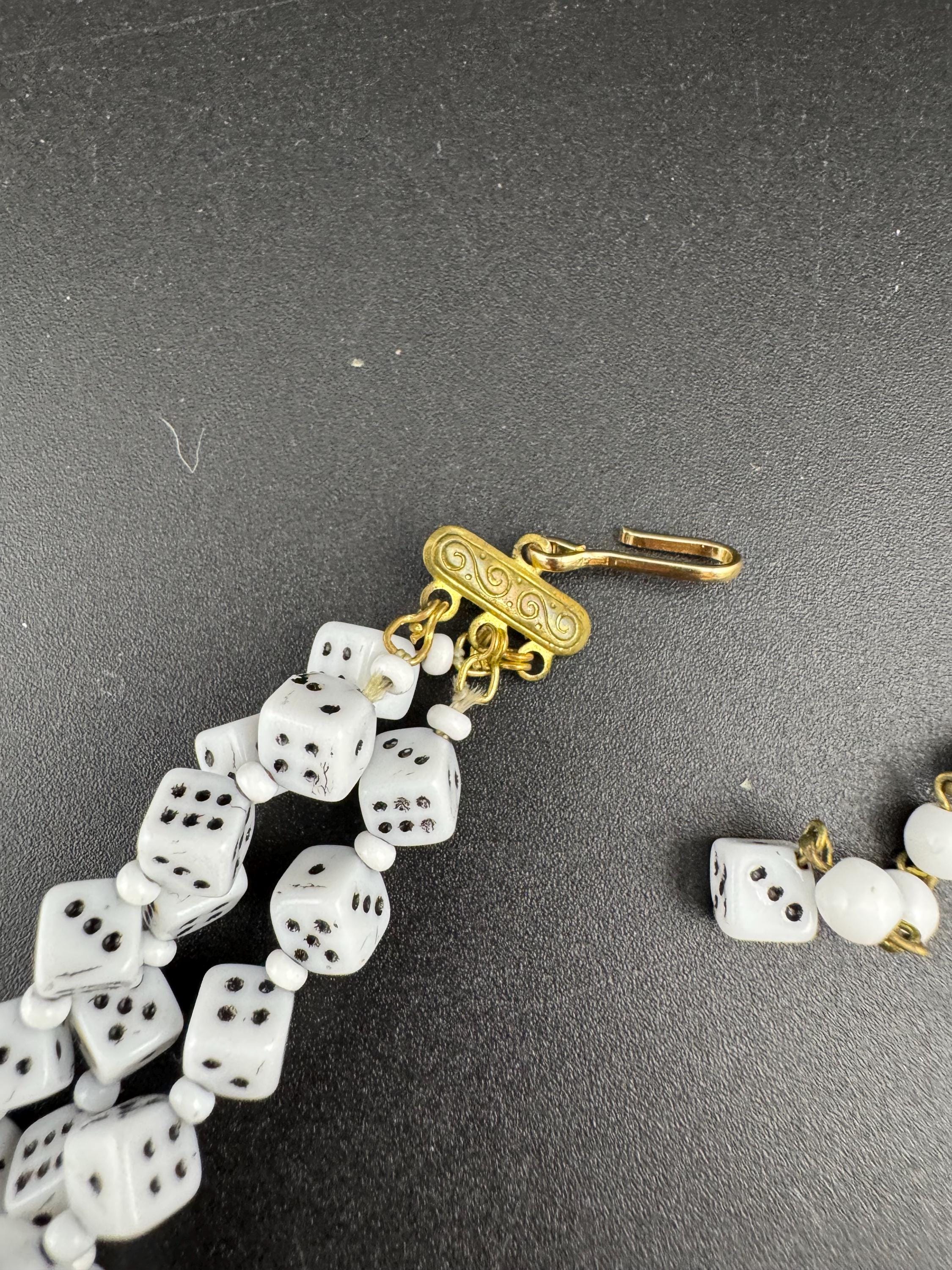 Vintage czech White milk glass beaded novelty dice triple row Multistrand necklace