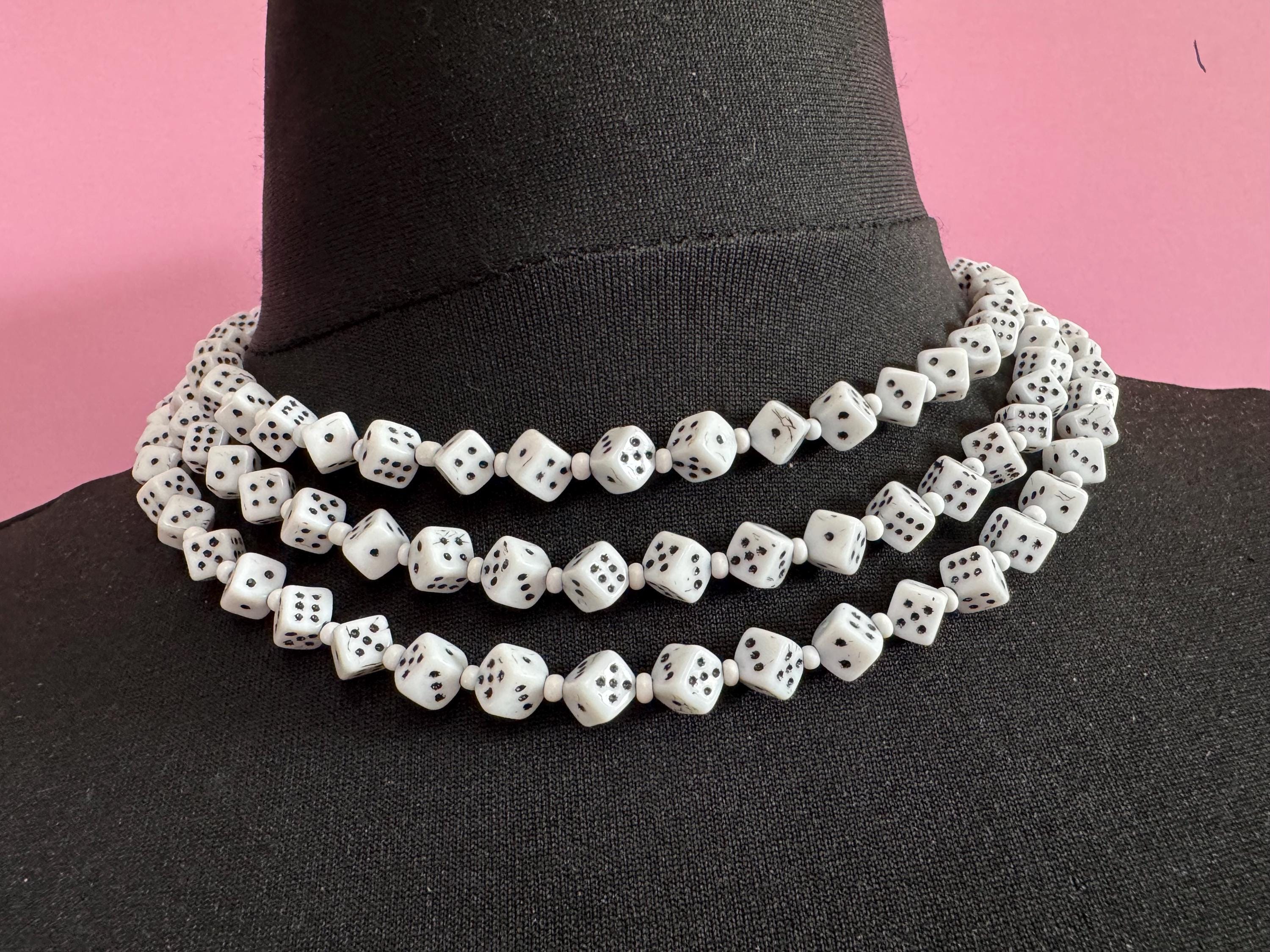 Vintage czech White milk glass beaded novelty dice triple row Multistrand necklace