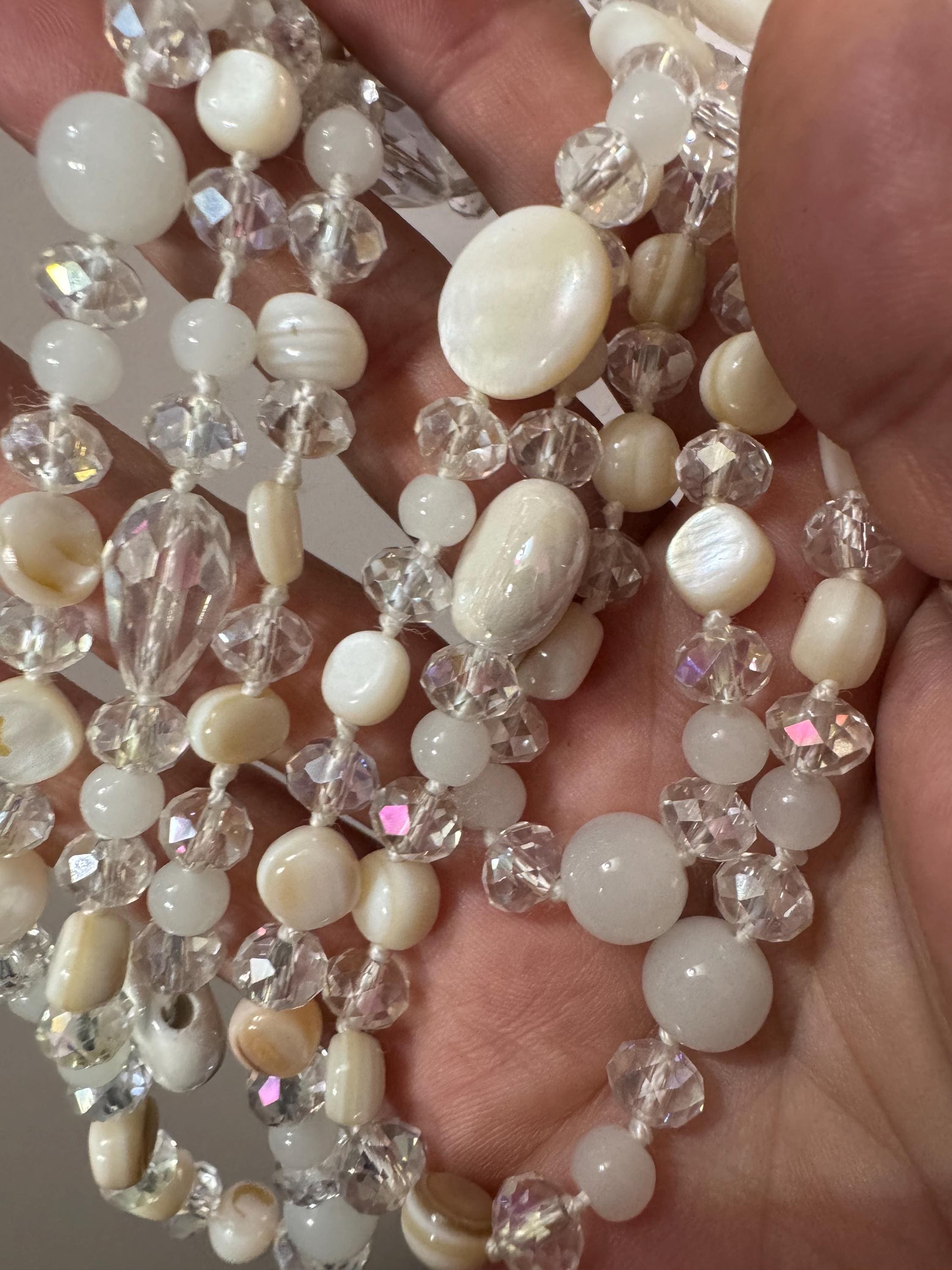retro milk glass, opaque and clear crystal round beaded long bead necklace 108cm