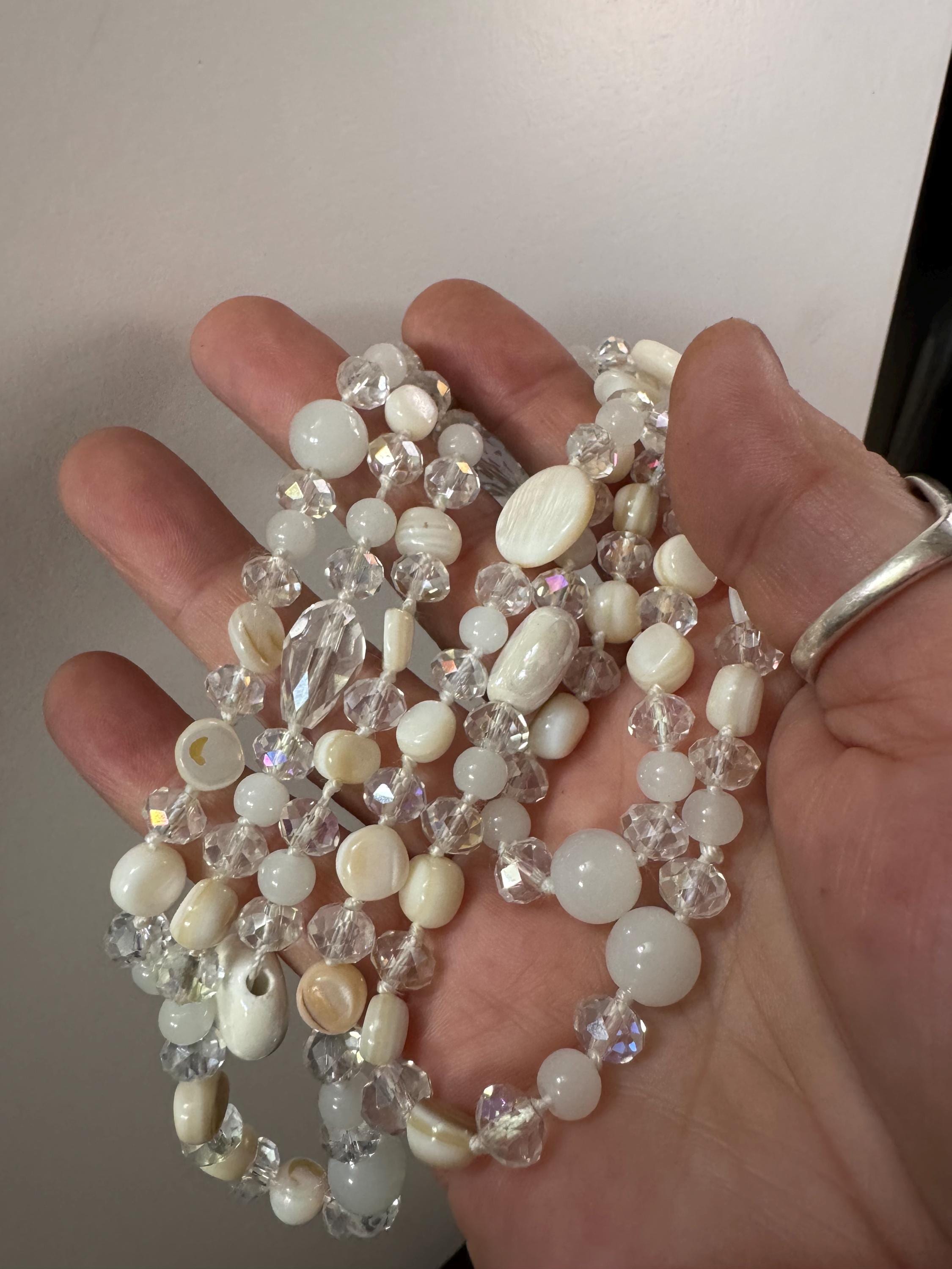 retro milk glass, opaque and clear crystal round beaded long bead necklace 108cm
