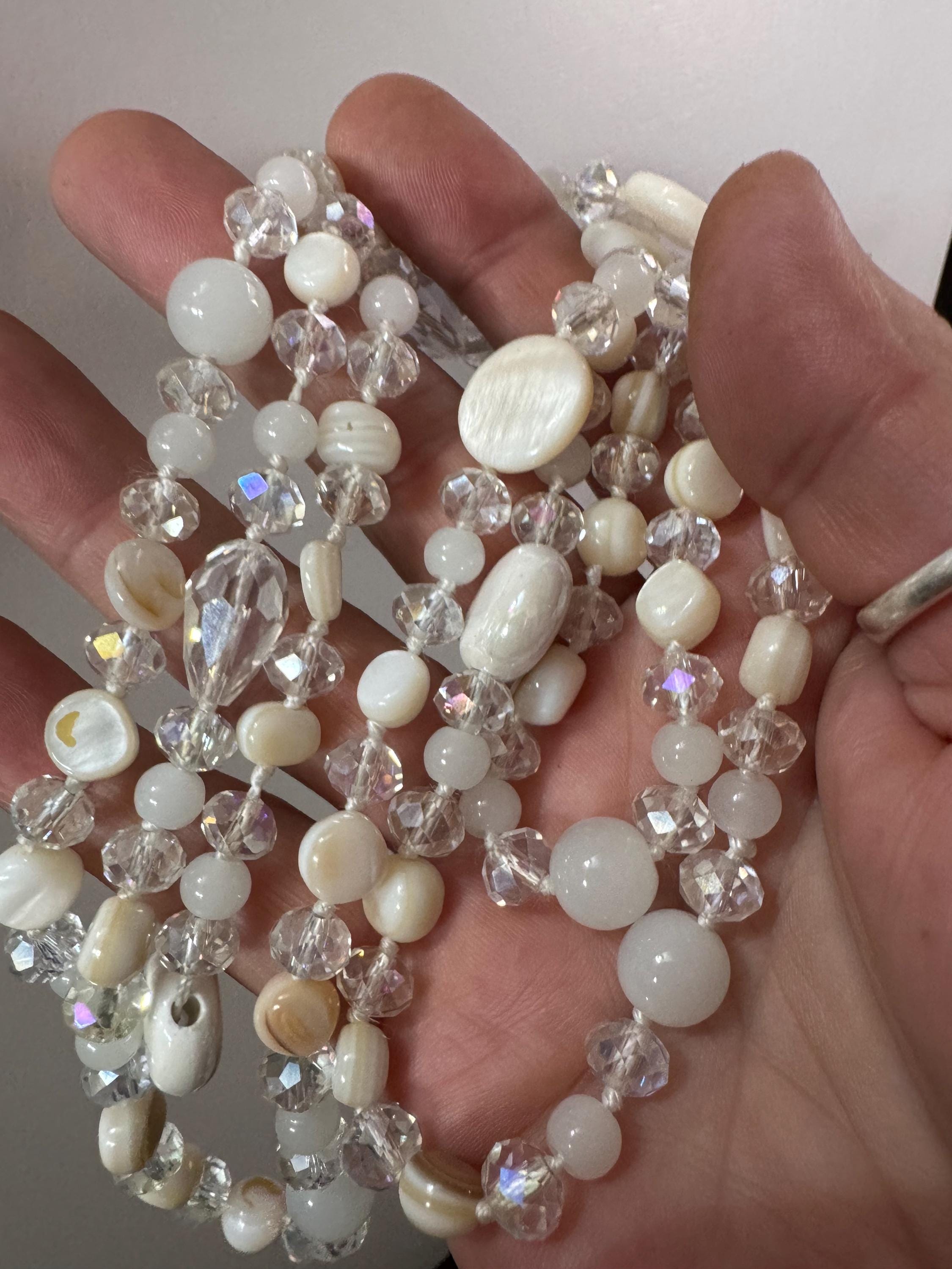 retro milk glass, opaque and clear crystal round beaded long bead necklace 108cm