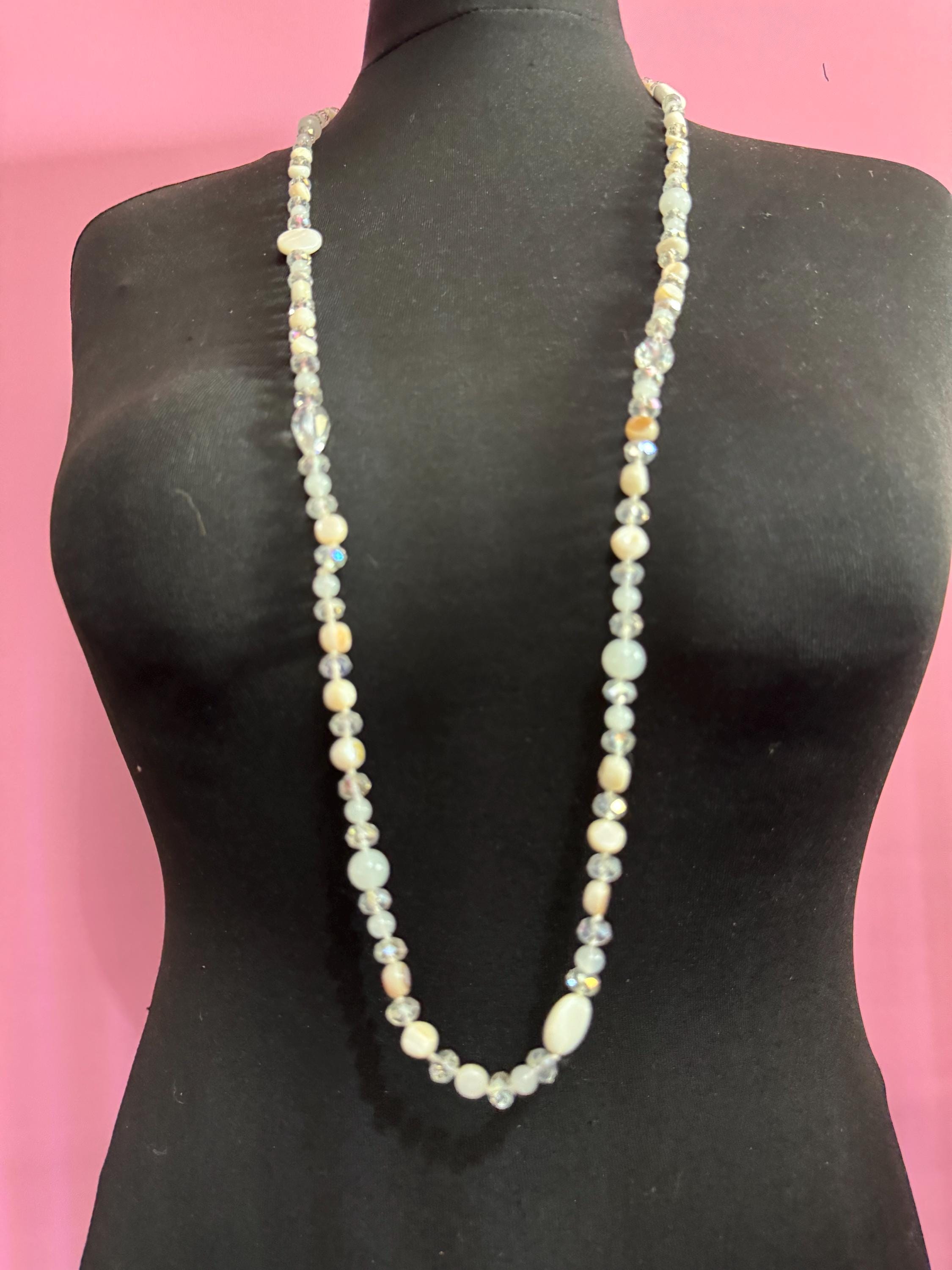 retro milk glass, opaque and clear crystal round beaded long bead necklace 108cm
