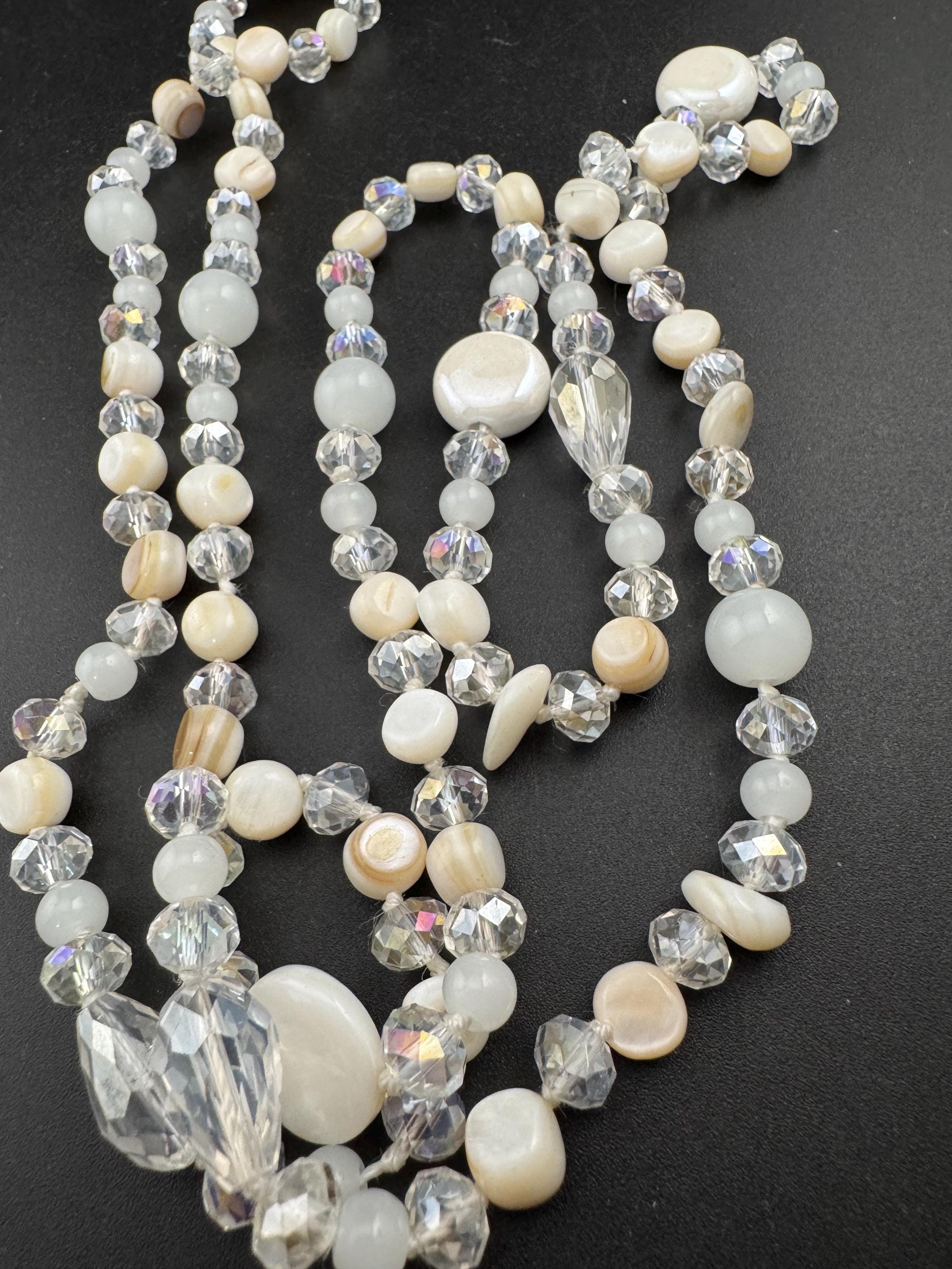 retro milk glass, opaque and clear crystal round beaded long bead necklace 108cm