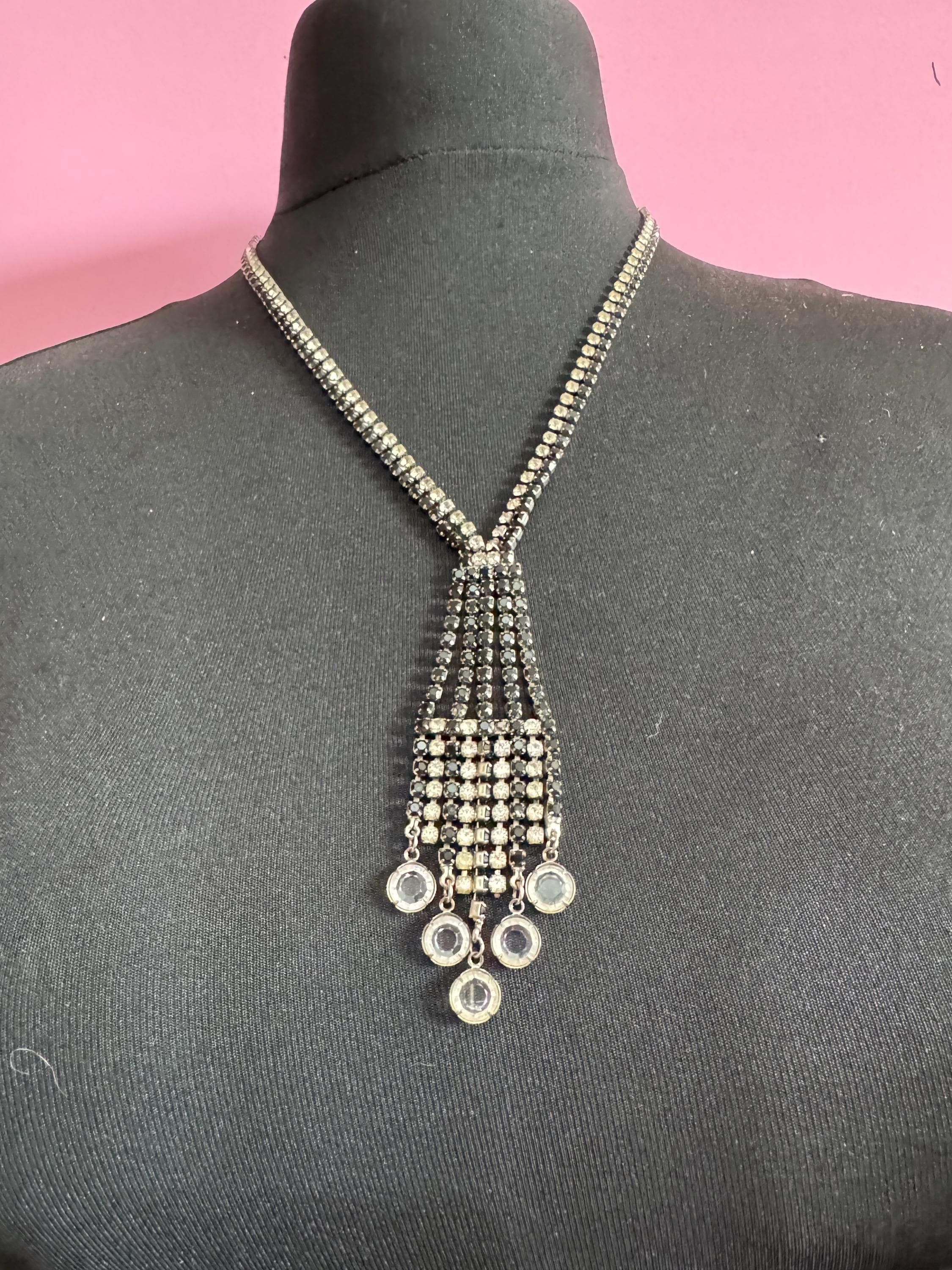 Vintage diamanté rhinestone necklace clear black paste silver tone monochrome 55cm