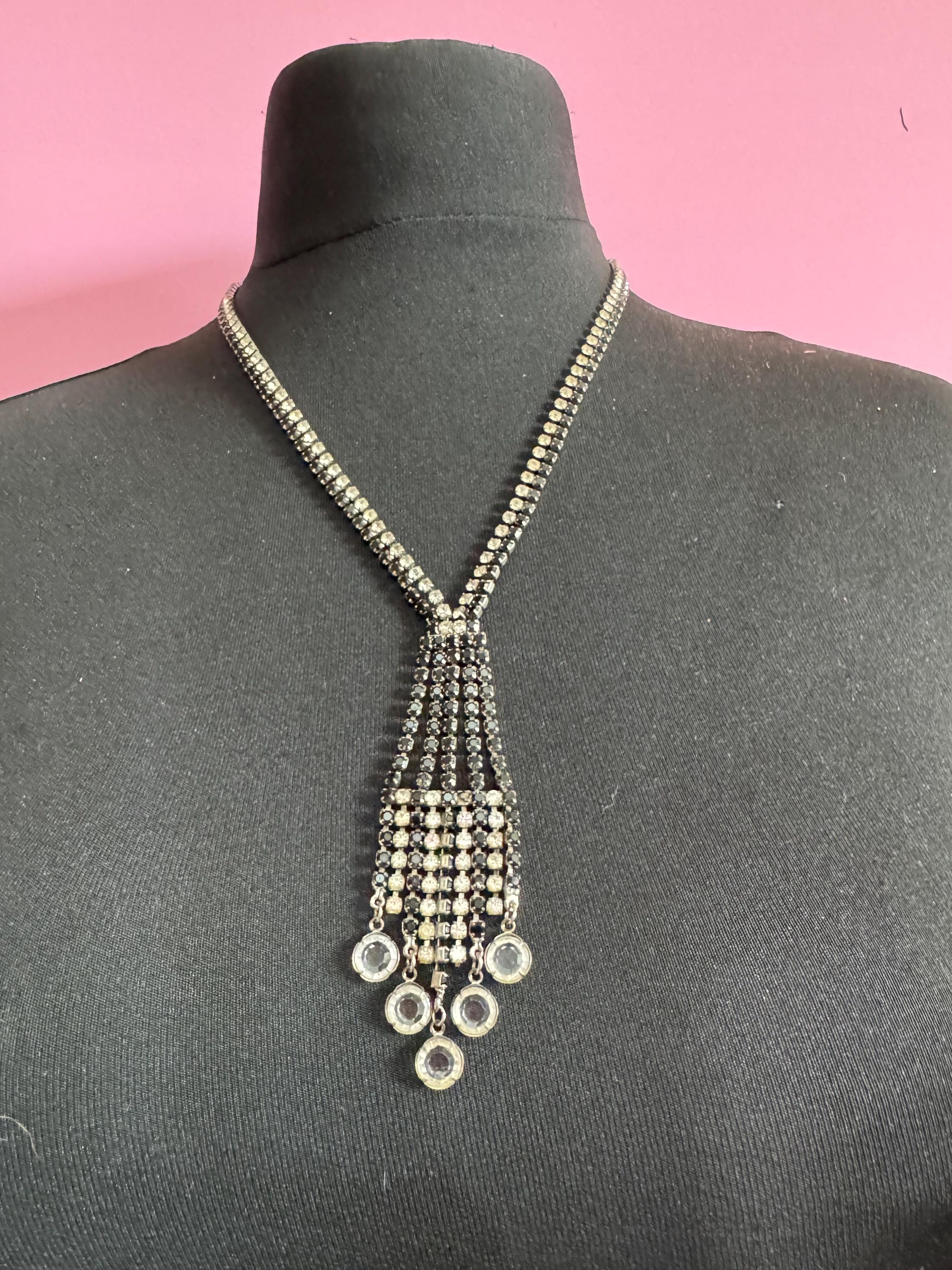 Vintage diamanté rhinestone necklace clear black paste silver tone monochrome 55cm
