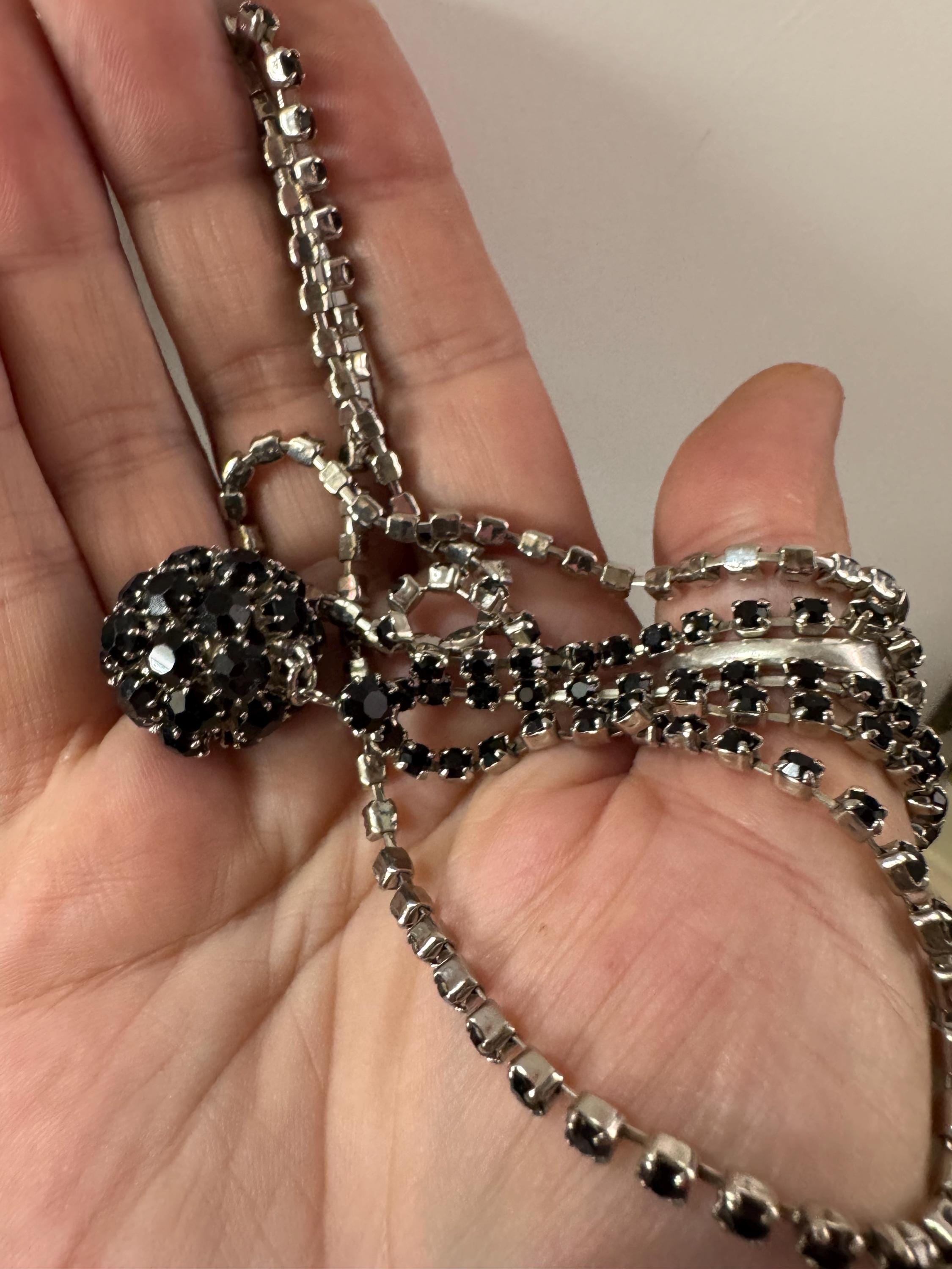 Vintage black glass diamanté rhinestone long ball pendant layering necklace 75cm