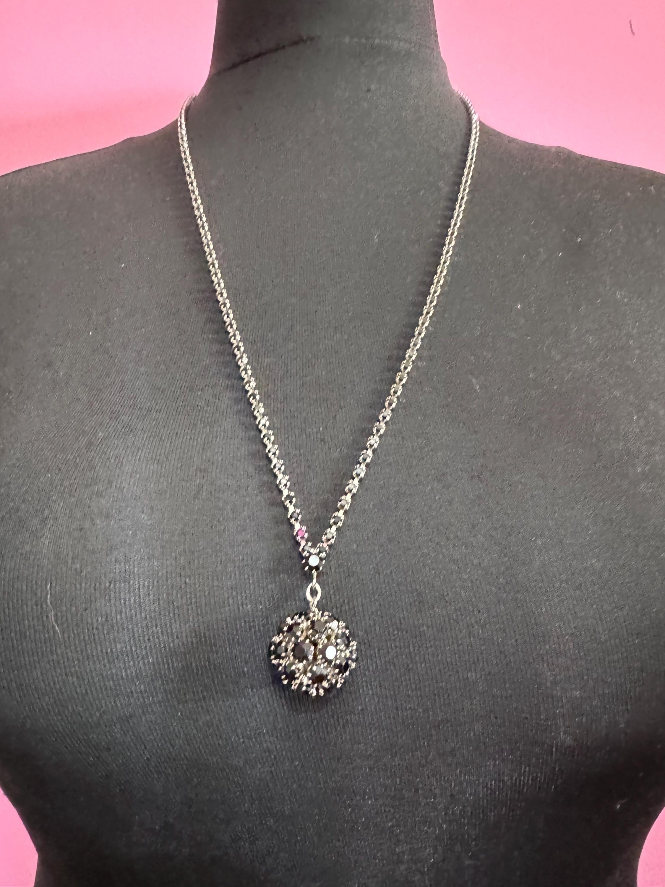 Vintage black glass diamanté rhinestone long ball pendant layering necklace 75cm