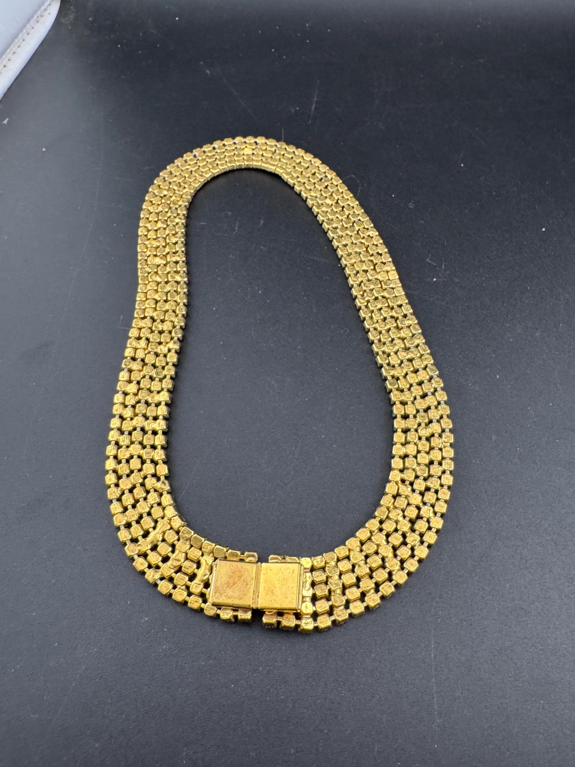 Vintage gold tone mesh black and clear rhinestone diamanté wide choker collar necklace