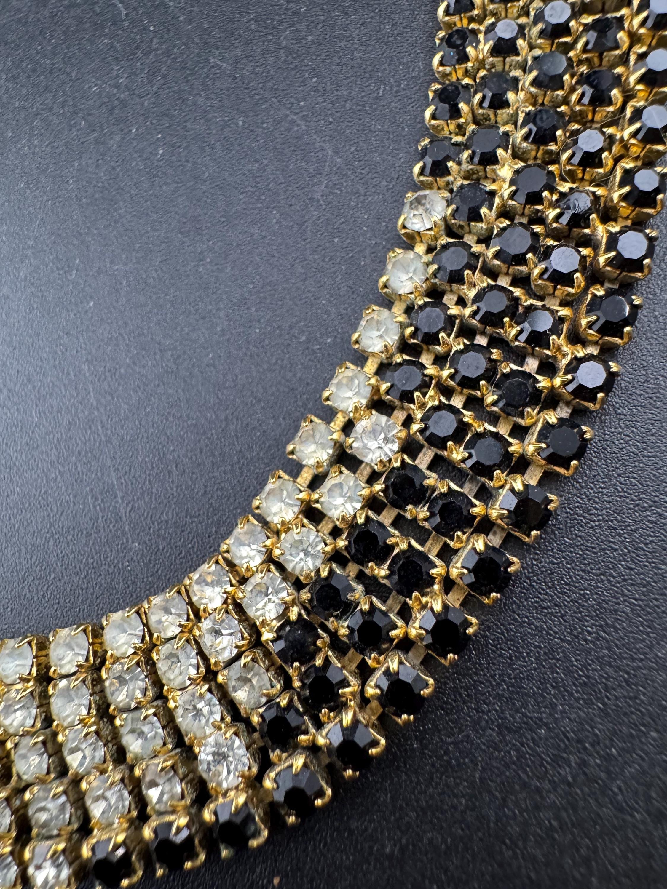 Vintage gold tone mesh black and clear rhinestone diamanté wide choker collar necklace
