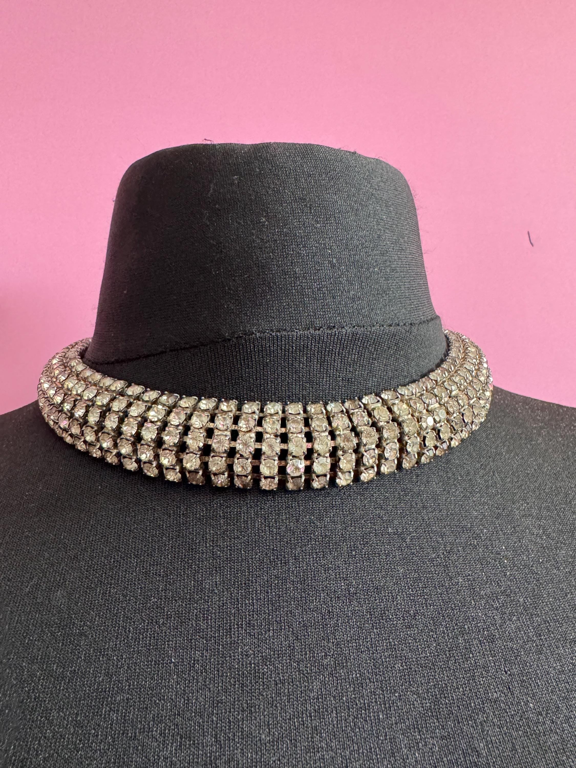 46cm Vintage clear diamanté wide rhinestone crystal silver tone choker necklace