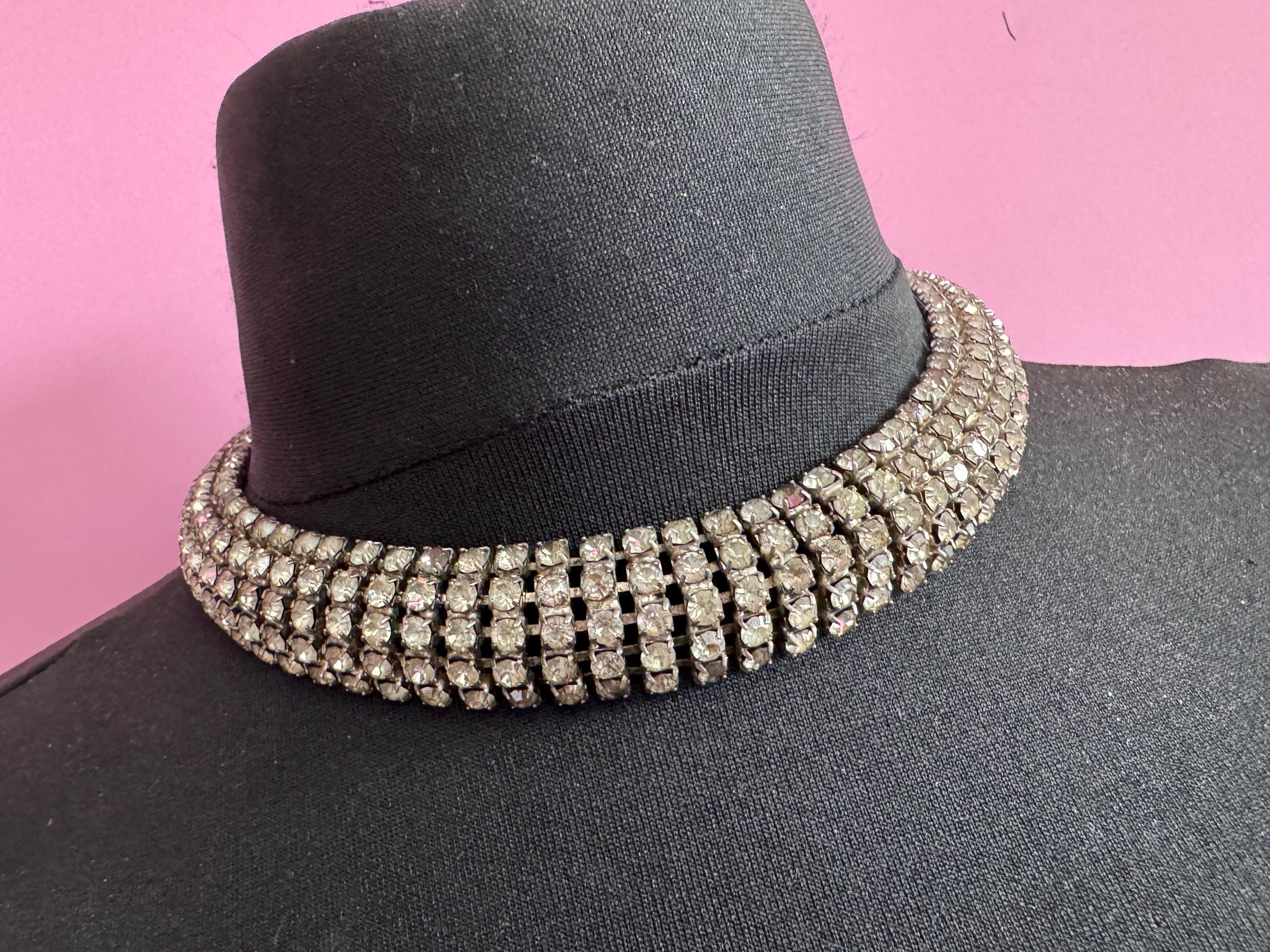 46cm Vintage clear diamanté wide rhinestone crystal silver tone choker necklace