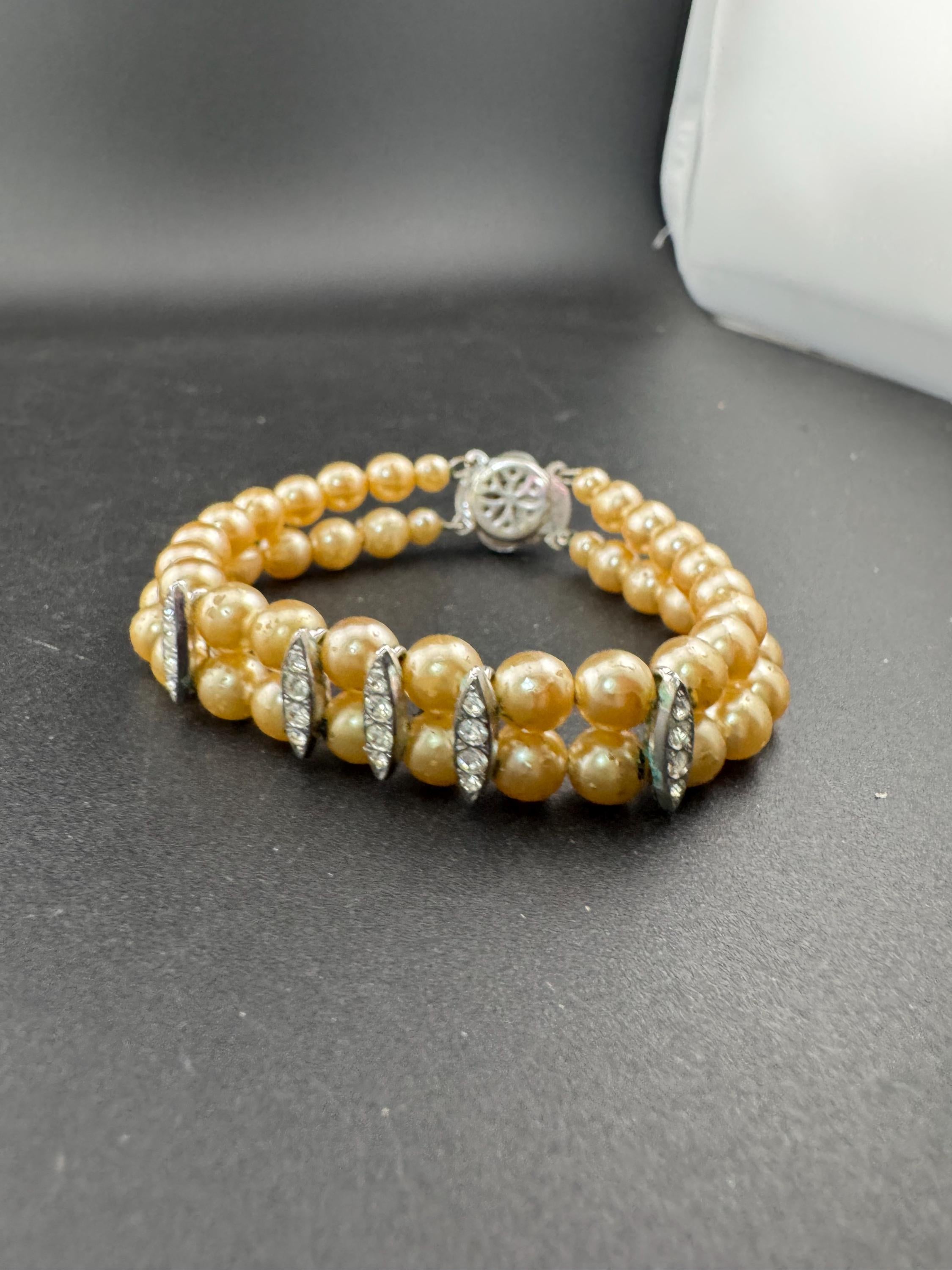 Vintage Faux glass Pearl double Strand beaded bracelet clear rhinestones and flower clasp