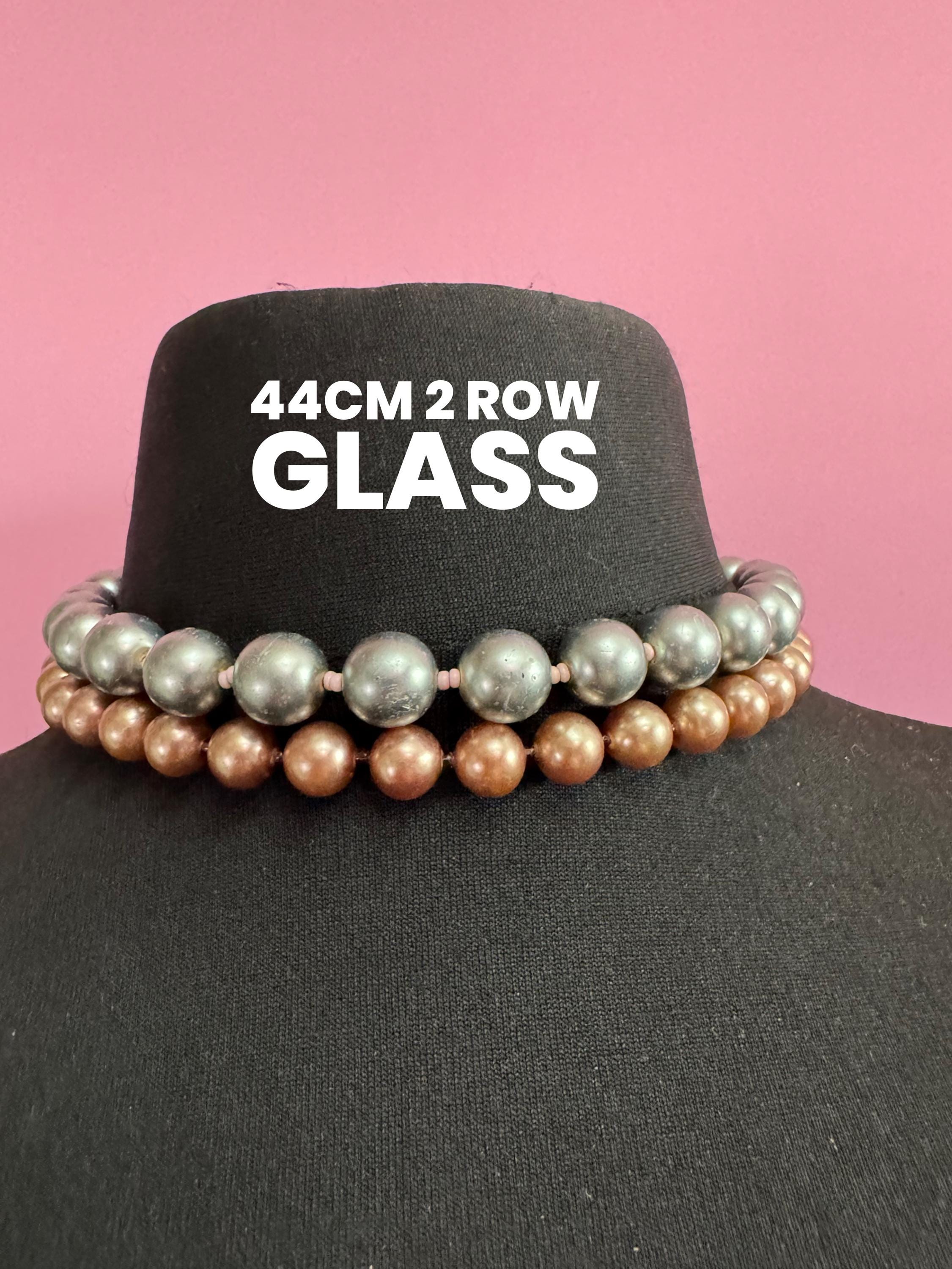 retro 2 string row steel grey and brown bronze large glass pearl wide choker necklace 44cm