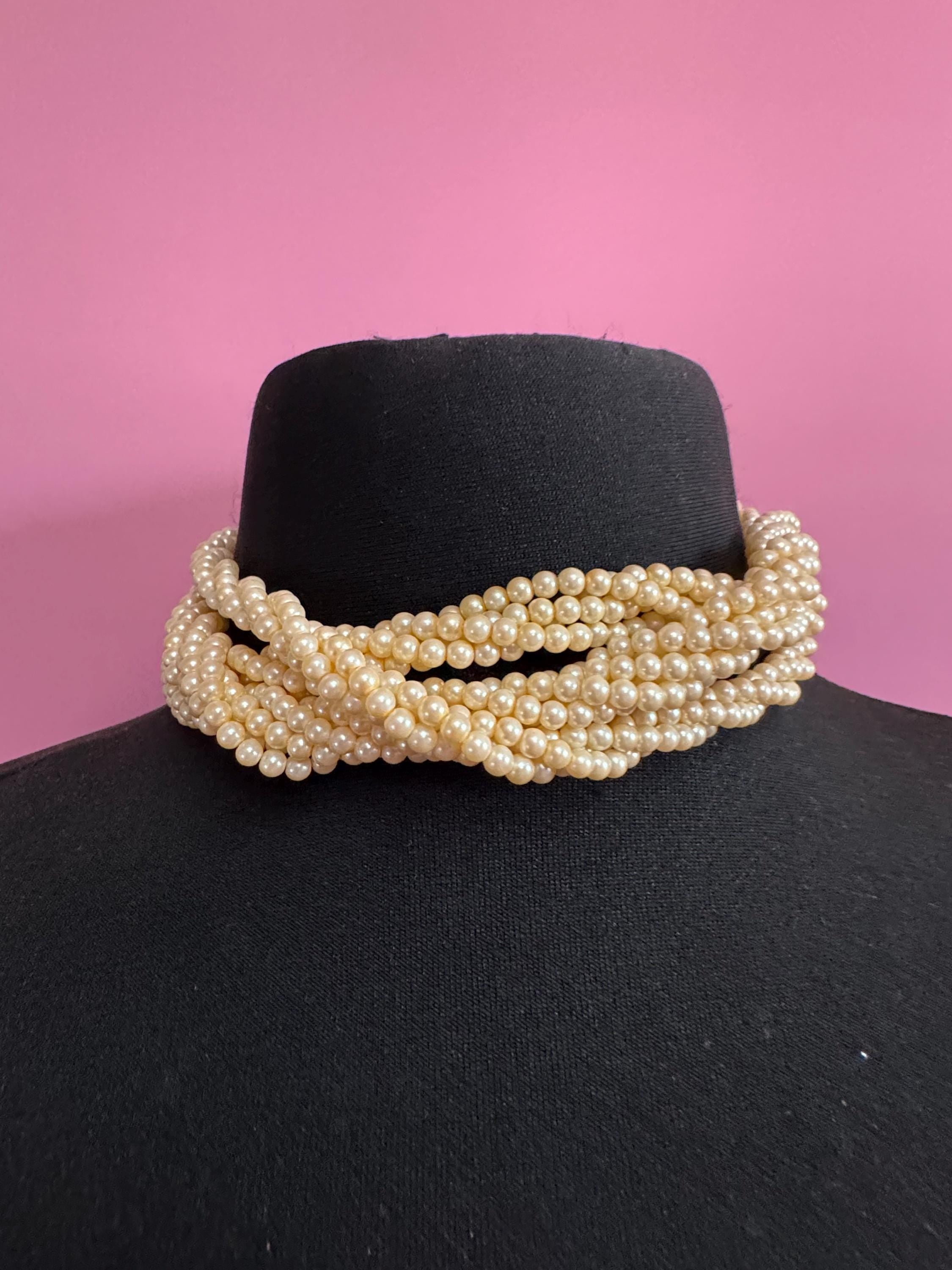 Vintage faux glass pearl multi strand 3 row collar twisted choker necklace art deco 1920s 1930s 1940s 1950s gatsby fabulous clasp