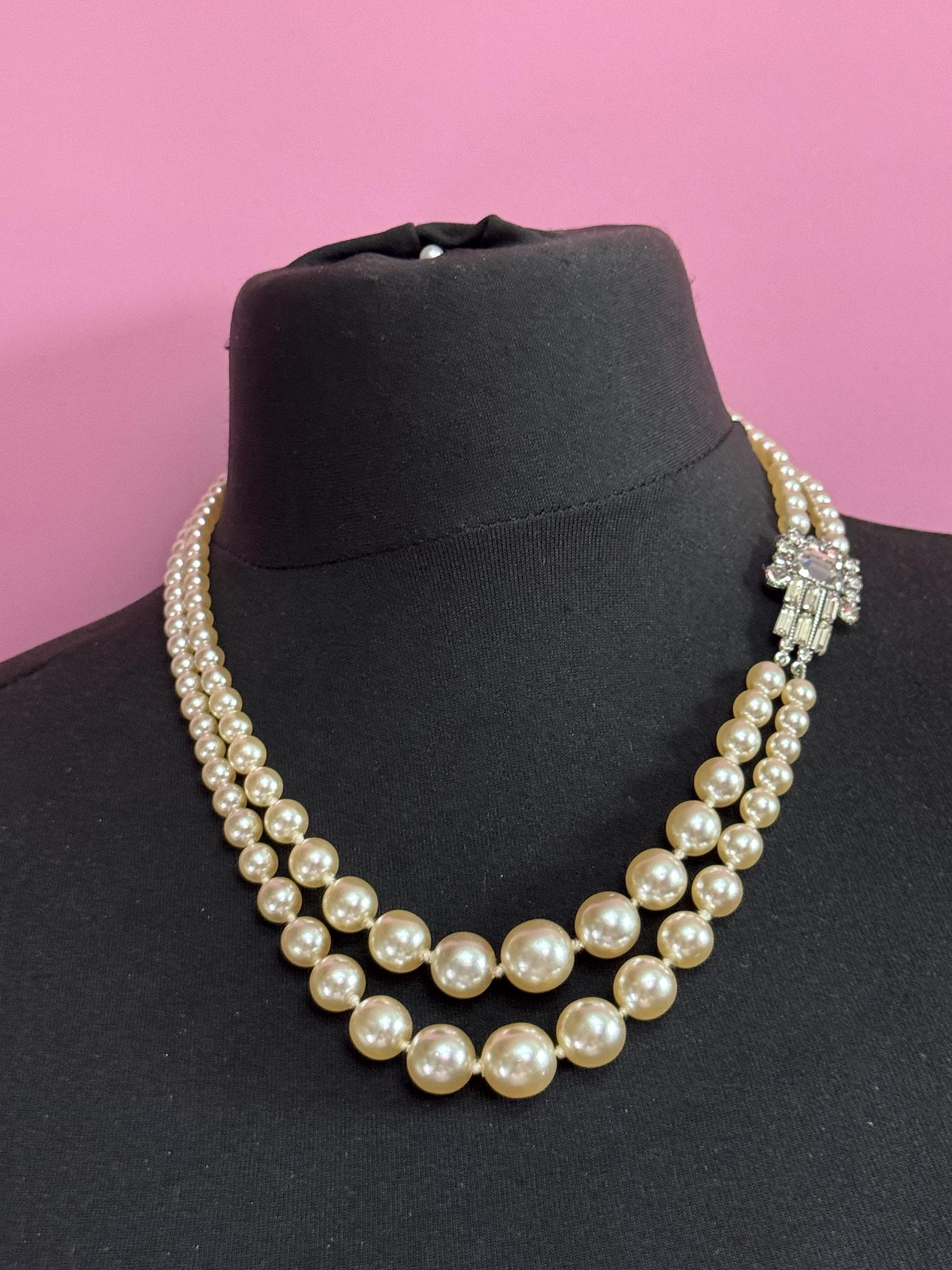 vintage pearl necklace,  2 strand with ornate large diamante side clasp clear rhinestones,  bling party evening wear