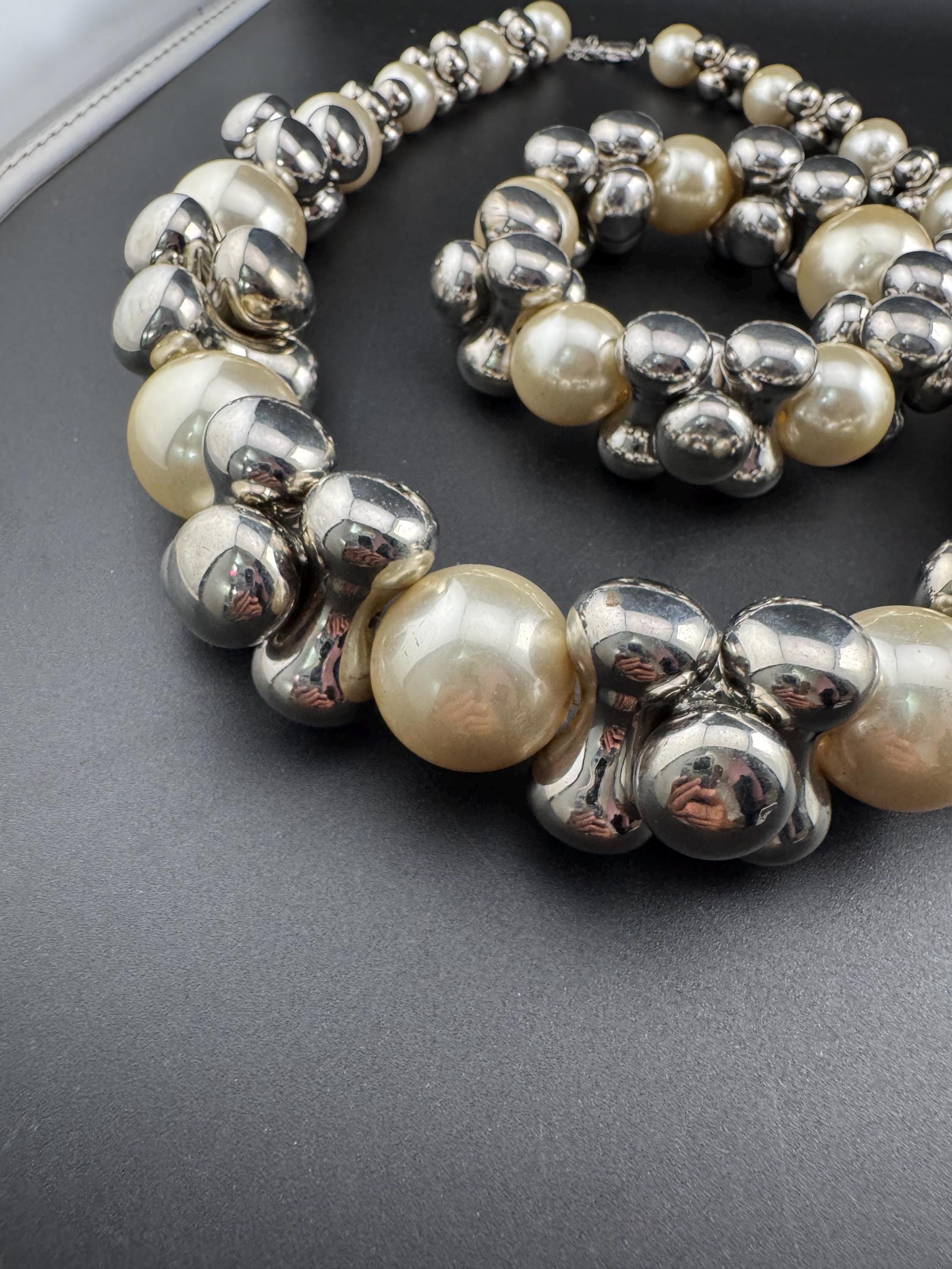 Signed Emporia Vintage chunky grey plastic beaded white faux pearl necklace with matching stretch bracelet