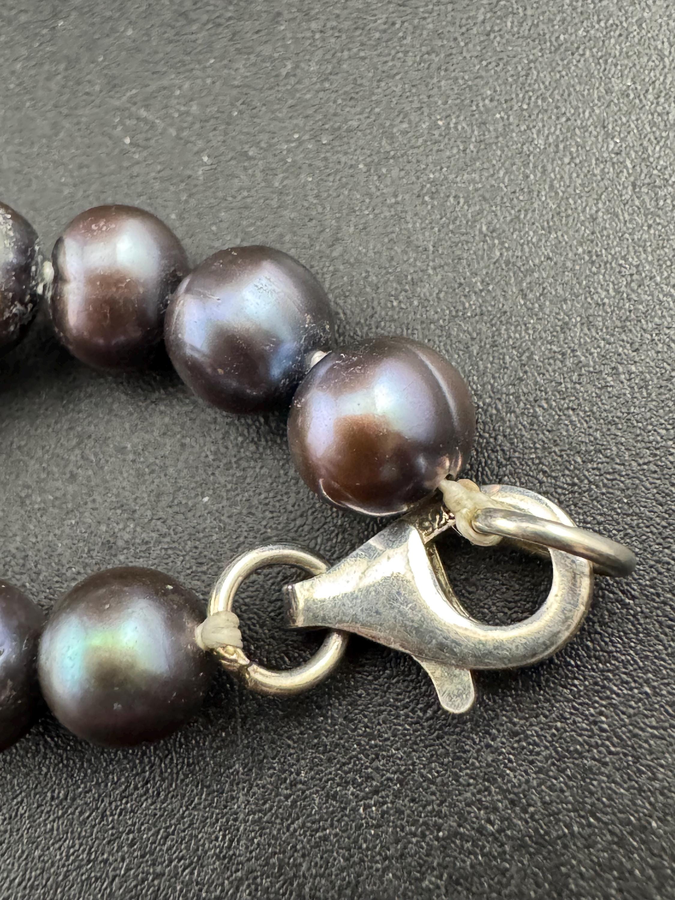 Vintage 925 silver clasp,  dyed freshwater pearl Petrol blue to grey glass knotted pearl necklace 46cm