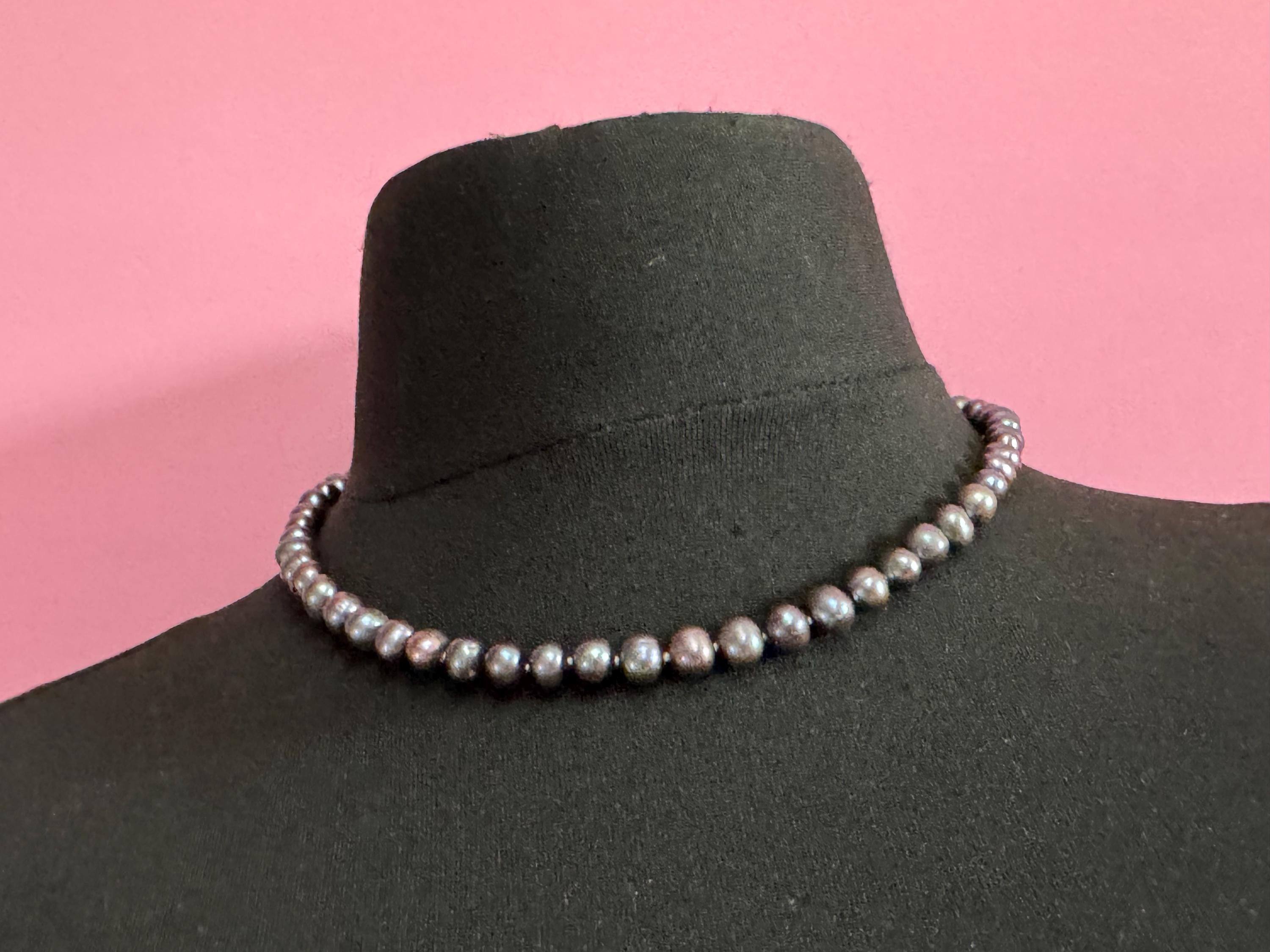 Vintage 925 silver clasp,  dyed freshwater pearl Petrol blue to grey glass knotted pearl necklace 46cm