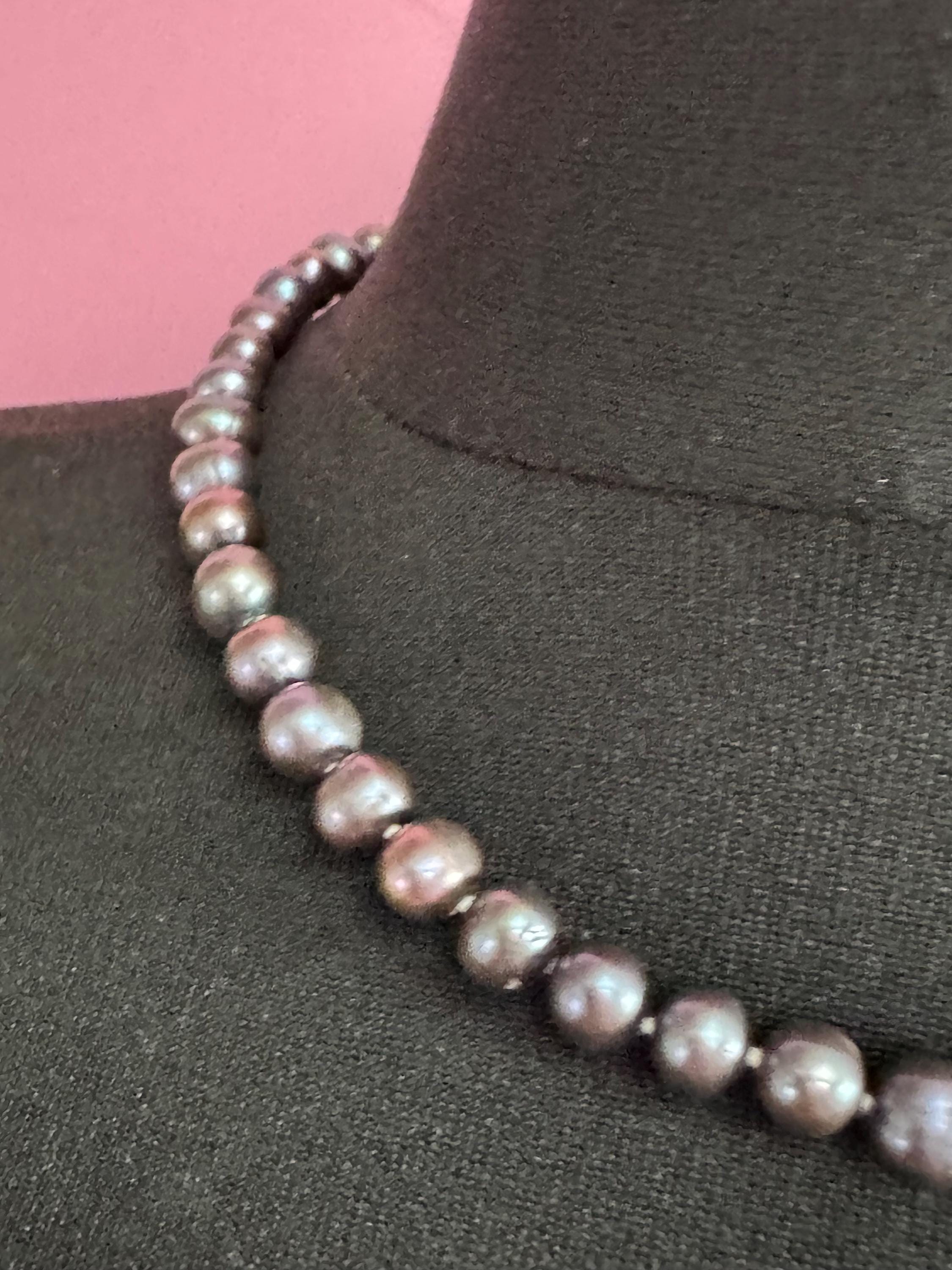 Vintage 925 silver clasp,  dyed freshwater pearl Petrol blue to grey glass knotted pearl necklace 46cm