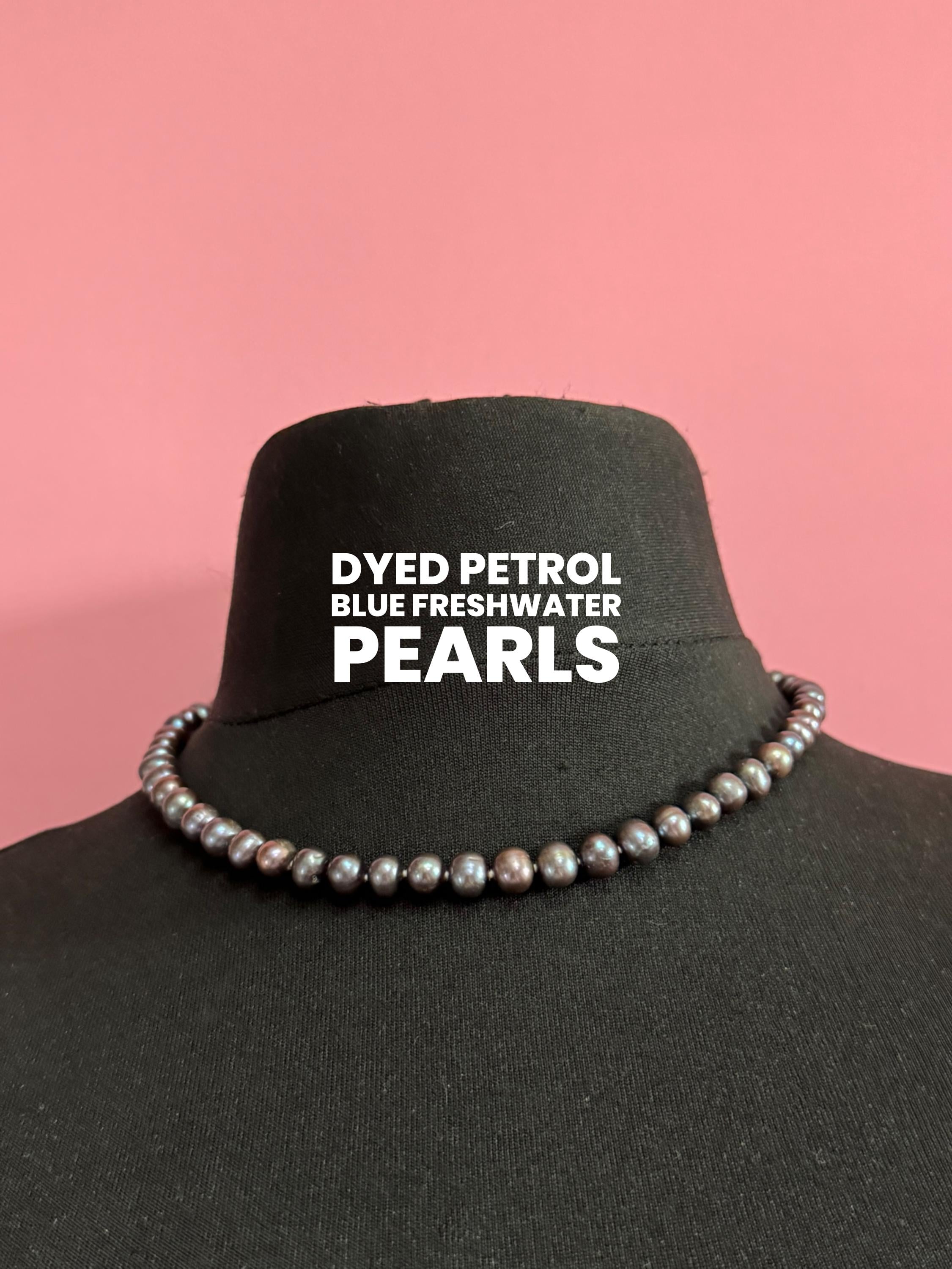 Vintage 925 silver clasp,  dyed freshwater pearl Petrol blue to grey glass knotted pearl necklace 46cm