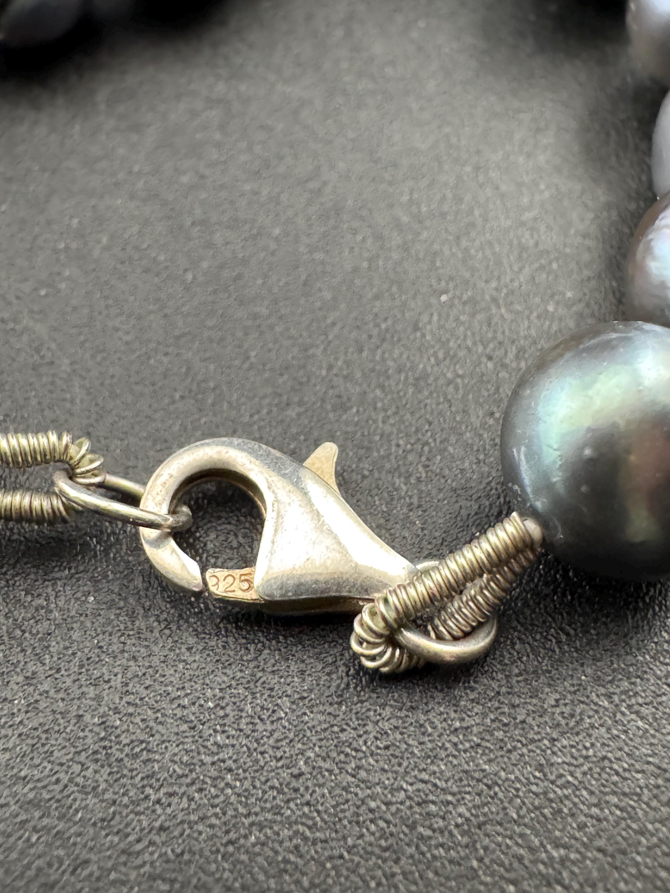Vintage 925 silver clasp,  dyed freshwater pearl Petrol blue to grey glass knotted pearl necklace 42cm