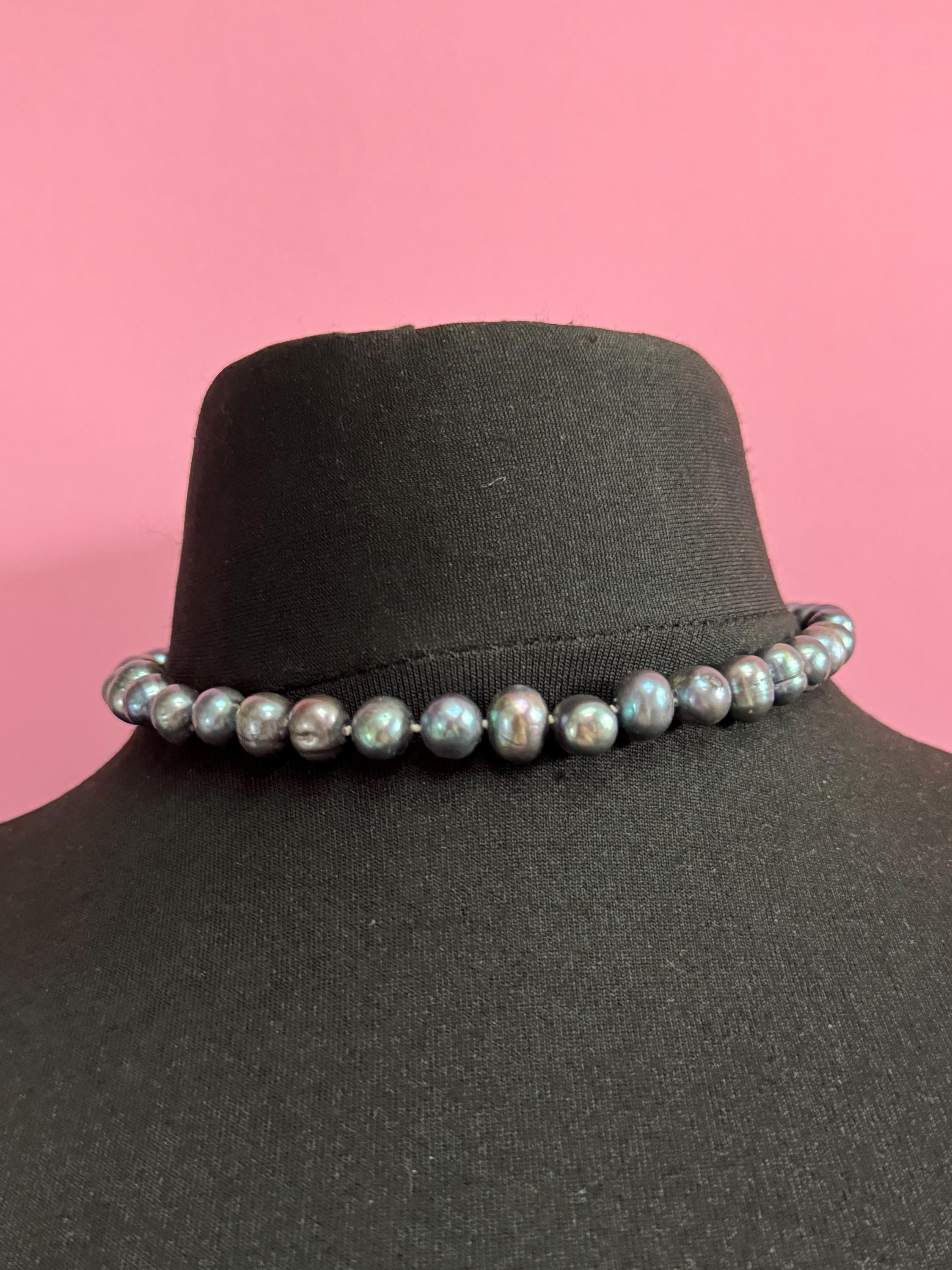 Vintage 925 silver clasp,  dyed freshwater pearl Petrol blue to grey glass knotted pearl necklace 42cm