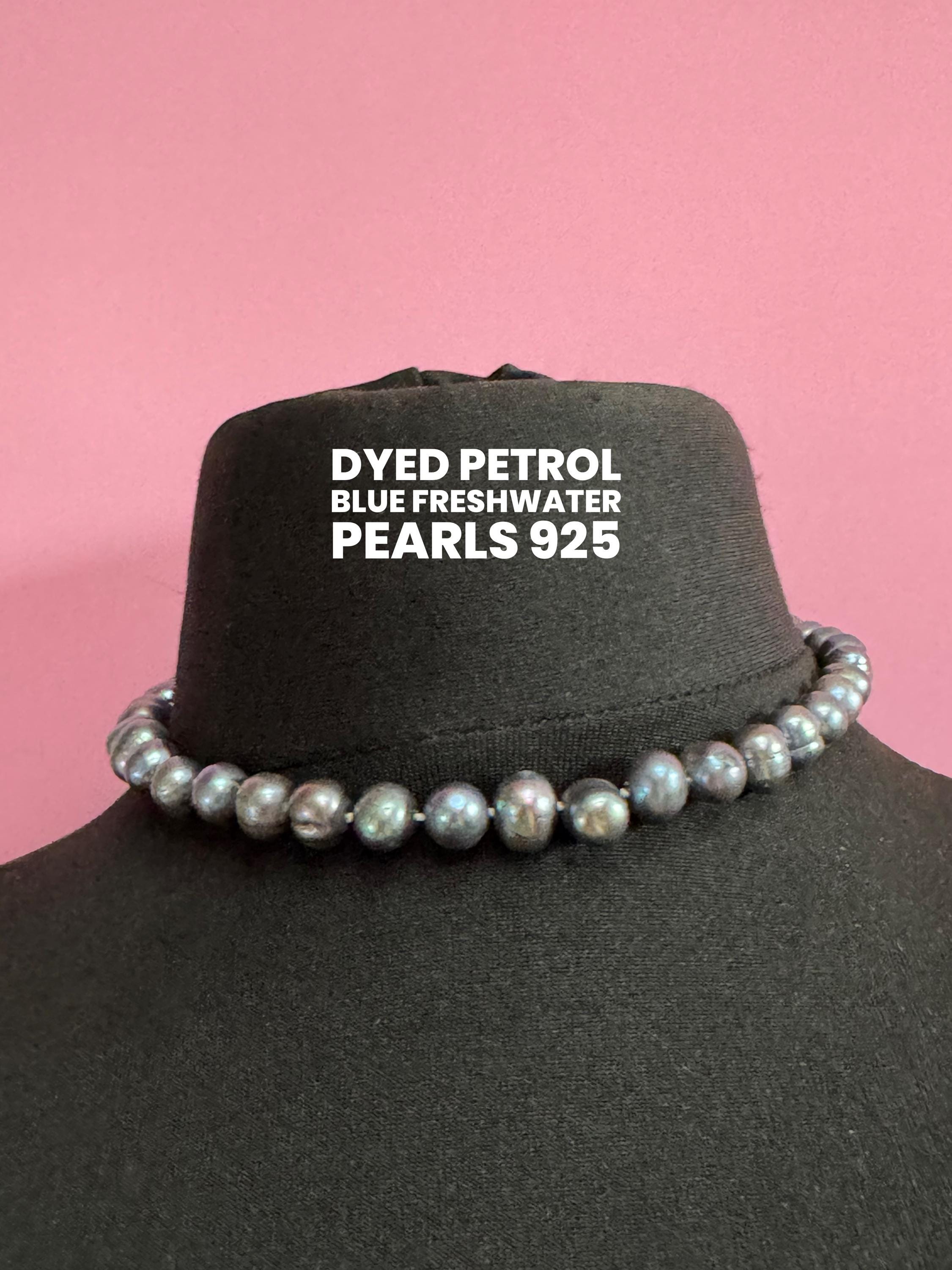 Vintage 925 silver clasp,  dyed freshwater pearl Petrol blue to grey glass knotted pearl necklace 42cm