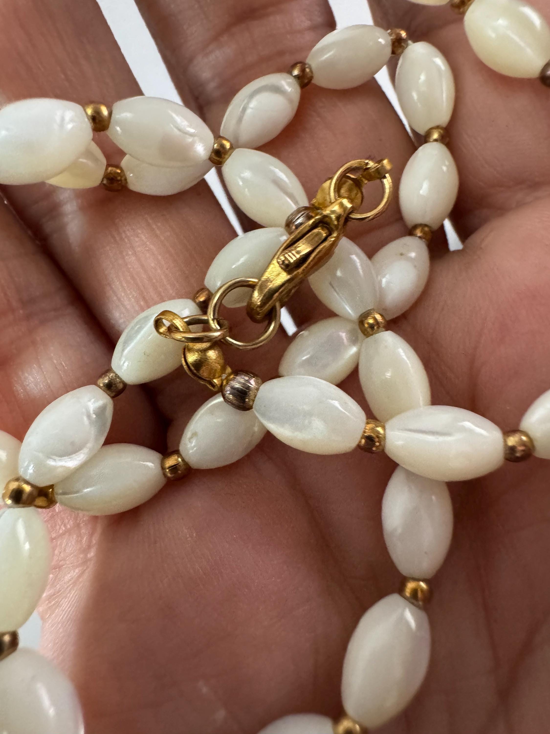 Vintage mother of pearl MOP Natural shell small beaded necklace with gold metal spacer beads