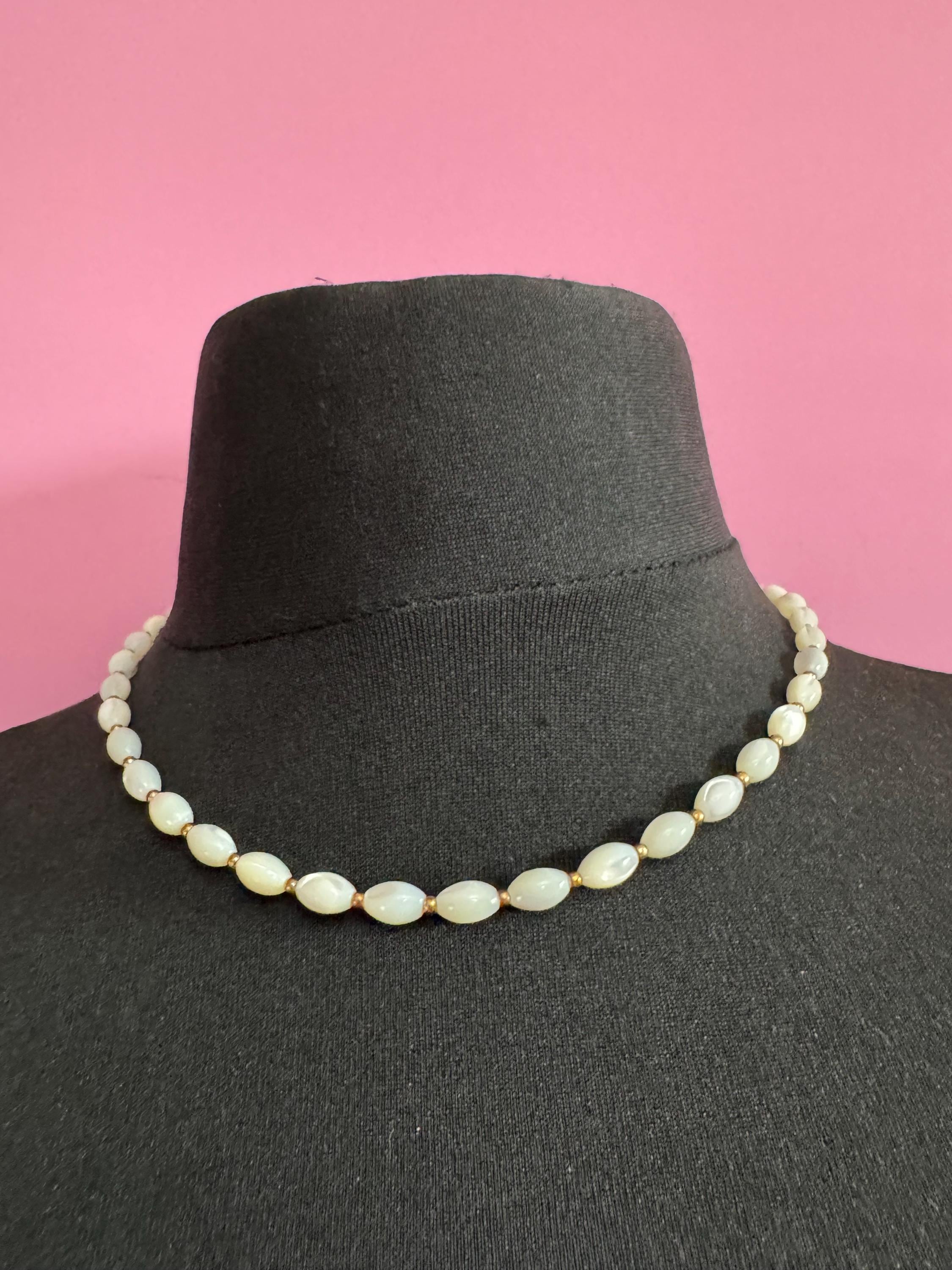 Vintage mother of pearl MOP Natural shell small beaded necklace with gold metal spacer beads