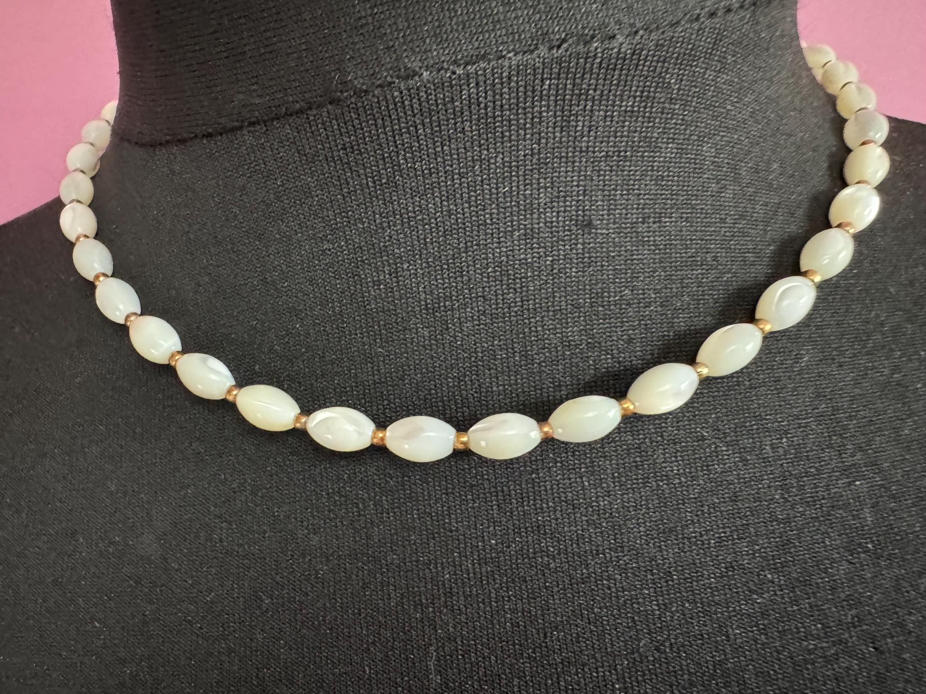 Vintage mother of pearl MOP Natural shell small beaded necklace with gold metal spacer beads