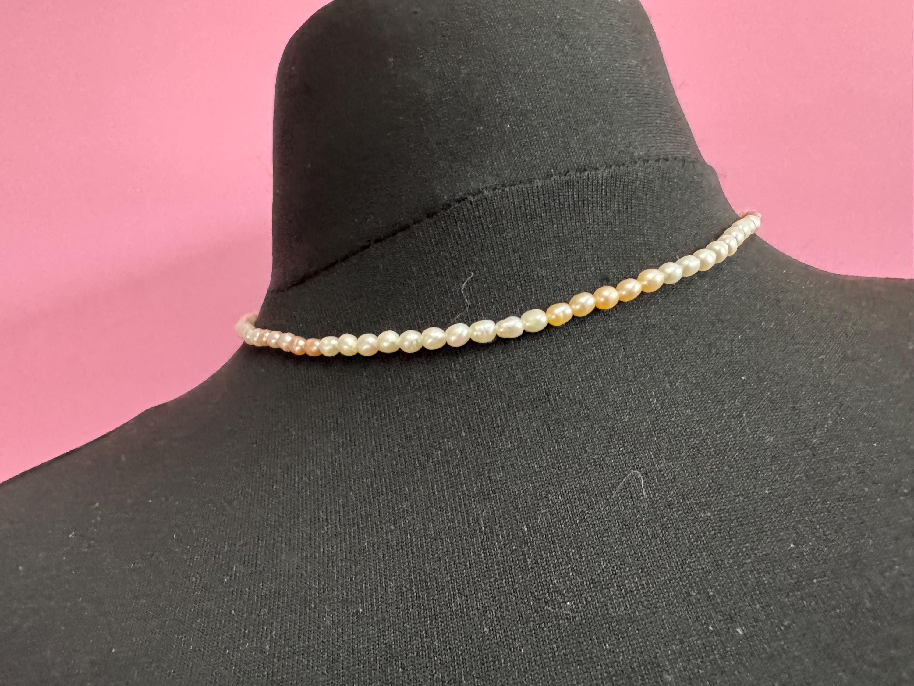Vintage natural real seed Pearl two tone pink cream beaded necklace with spring ring clasp 43cm