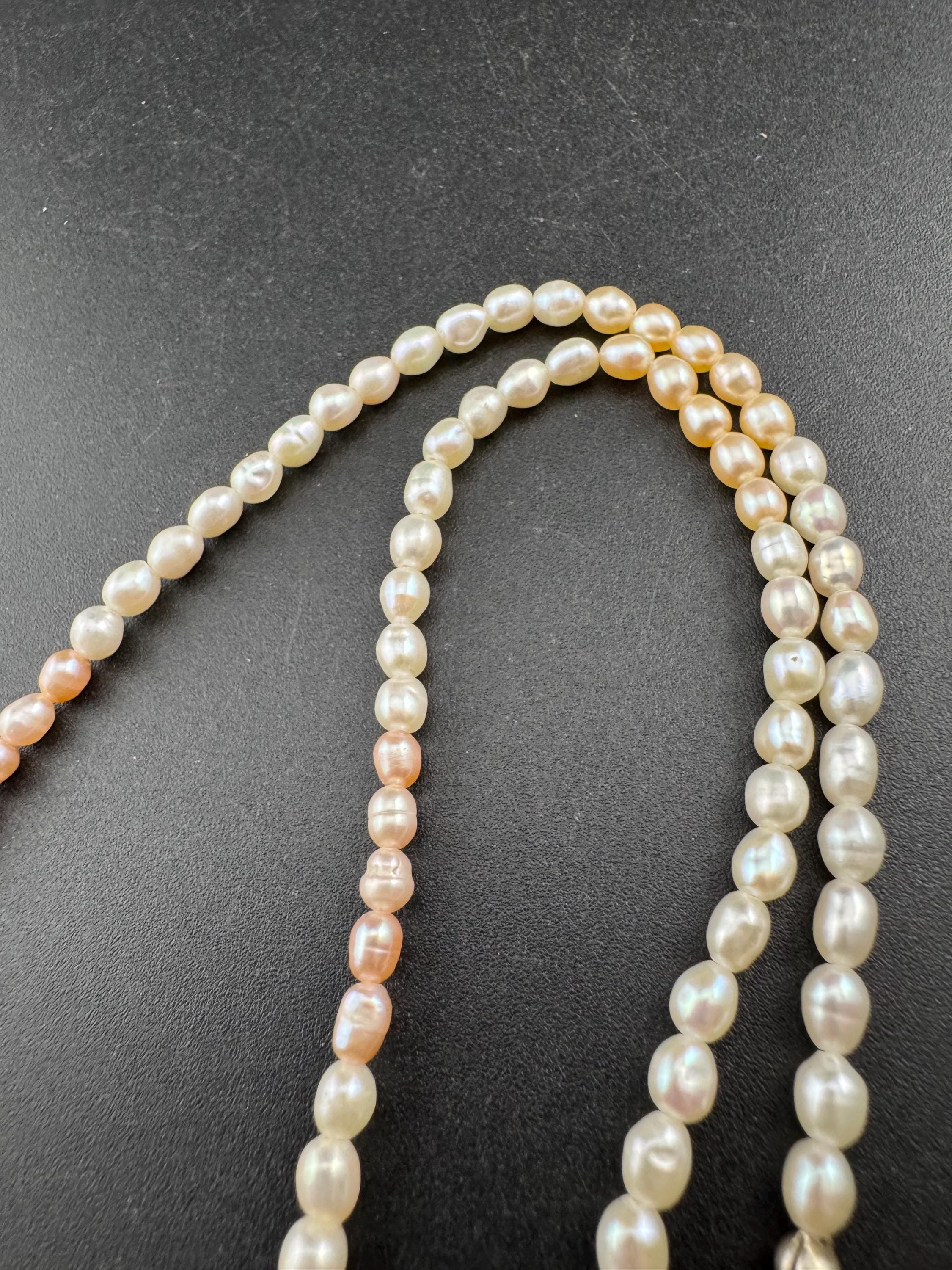 Vintage natural real seed Pearl two tone pink cream beaded necklace with spring ring clasp 43cm