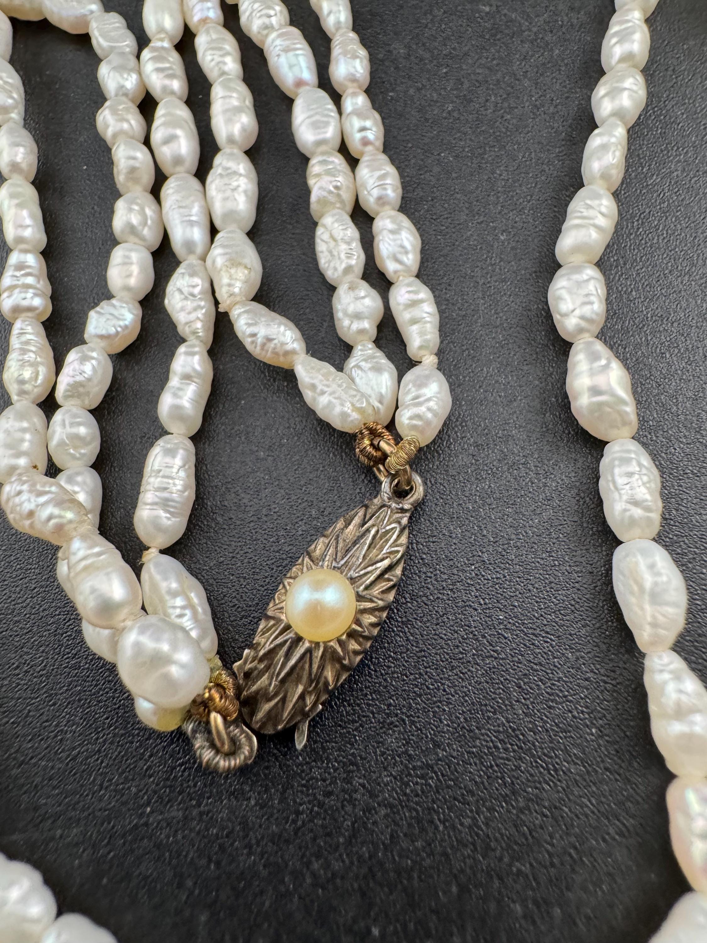 Vintage 3 row natural real freshwater rice Pearl seed beaded necklace with 925 silver clasp 45cm