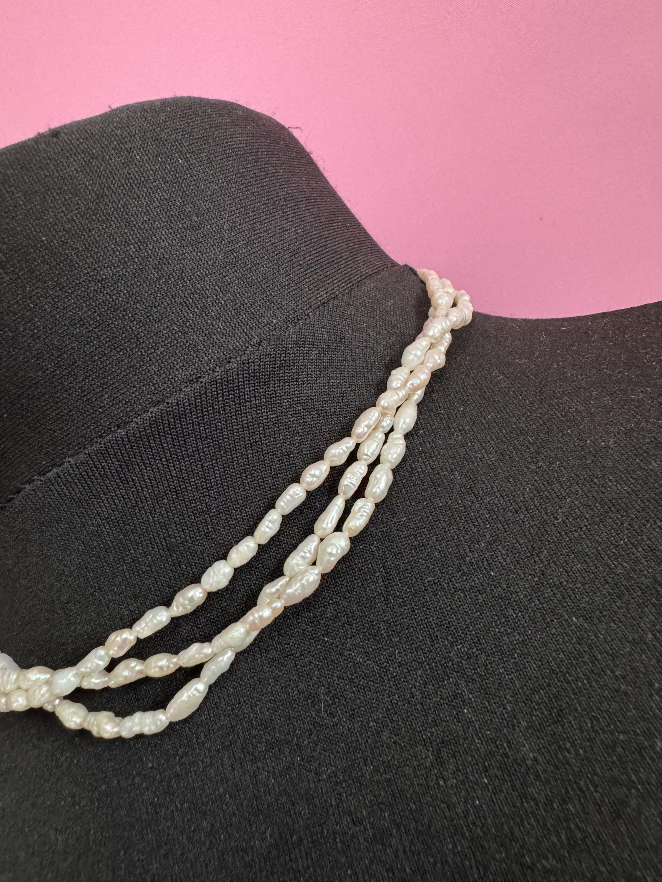 Vintage 3 row natural real freshwater rice Pearl seed beaded necklace with 925 silver clasp 45cm