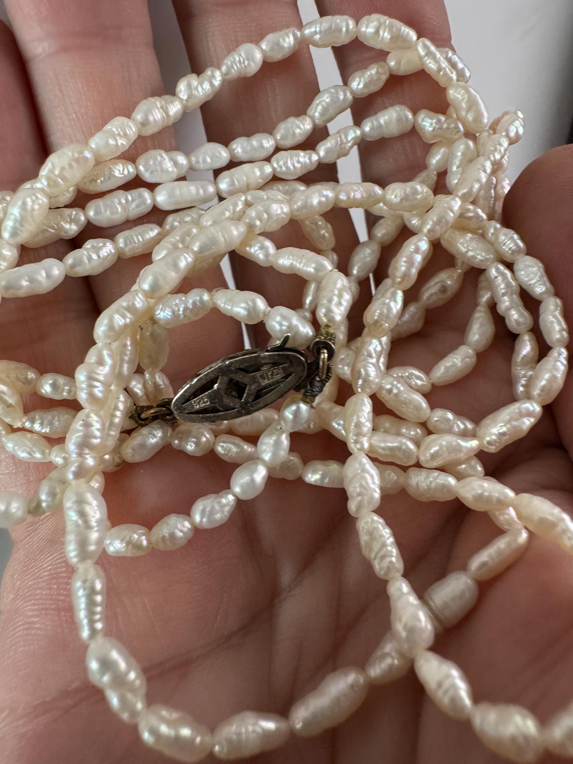 Vintage 3 row natural real freshwater rice Pearl seed beaded necklace with 925 silver clasp 45cm