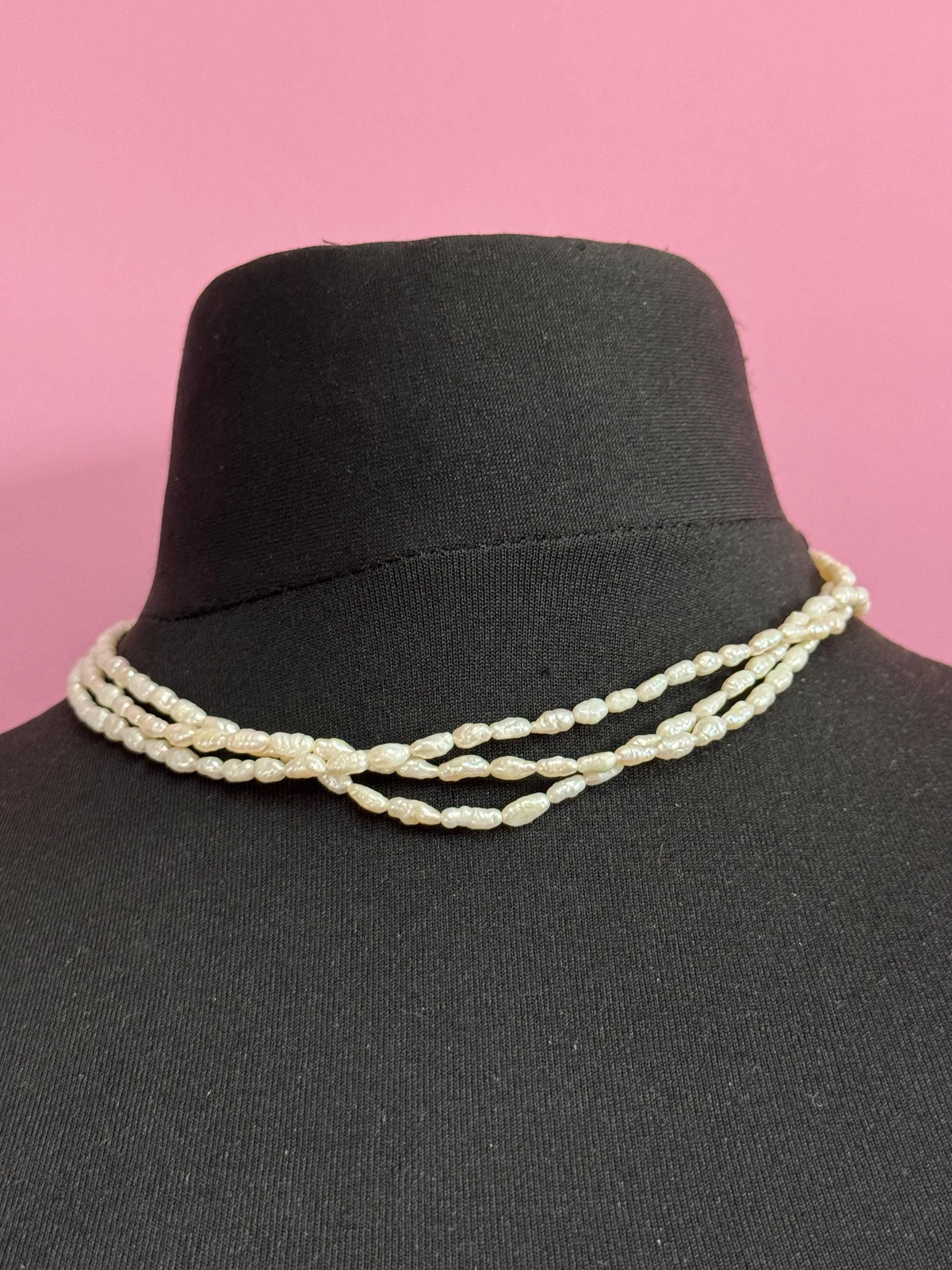 Vintage 3 row natural real freshwater rice Pearl seed beaded necklace with 925 silver clasp 45cm