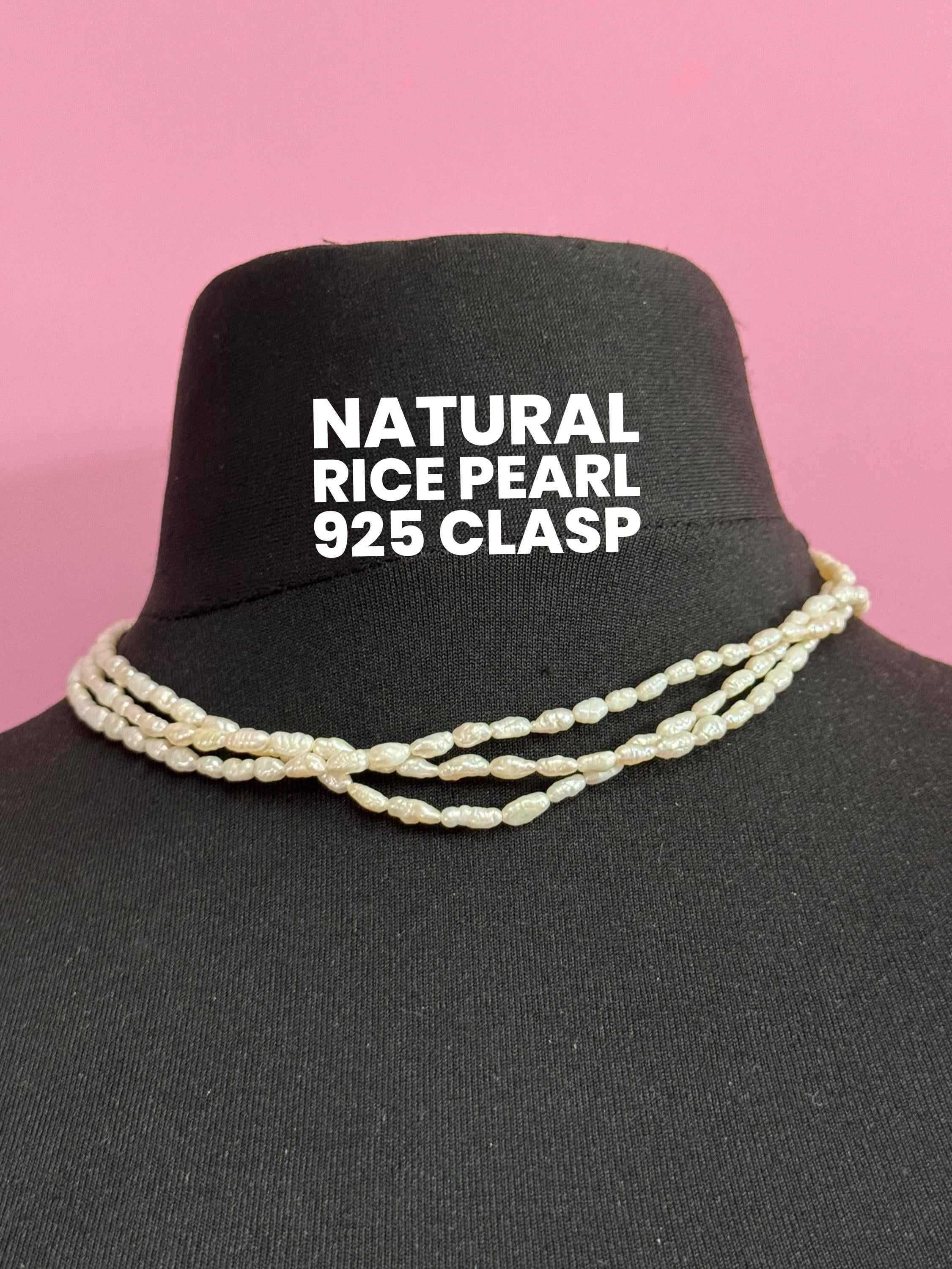 Vintage 3 row natural real freshwater rice Pearl seed beaded necklace with 925 silver clasp 45cm