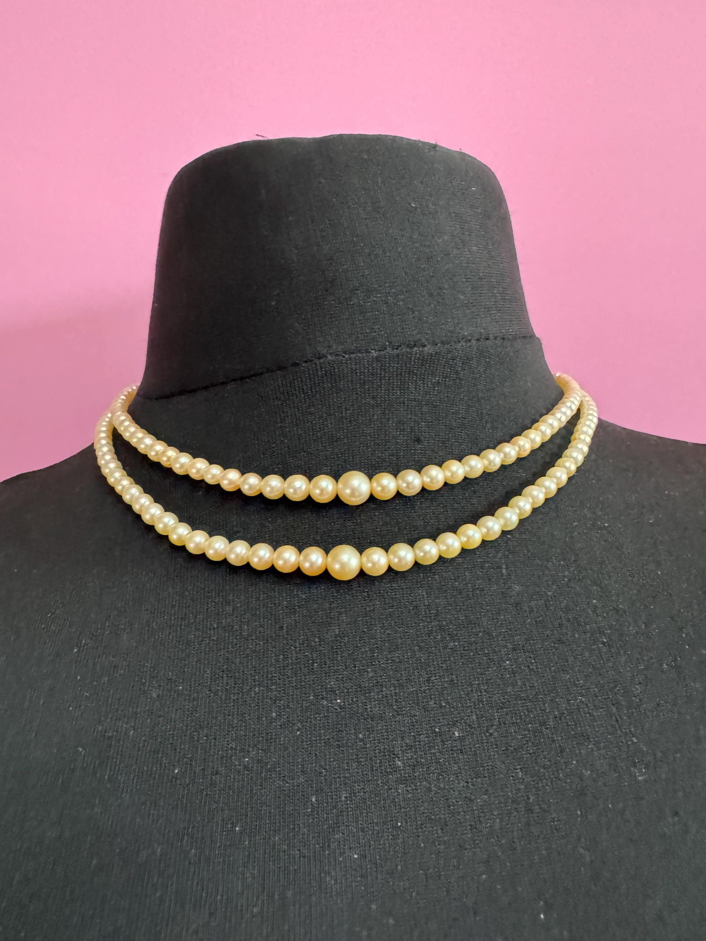 vintage 2 row cream glass pearl necklace with ornate 925 sterling silver clasp 43cm