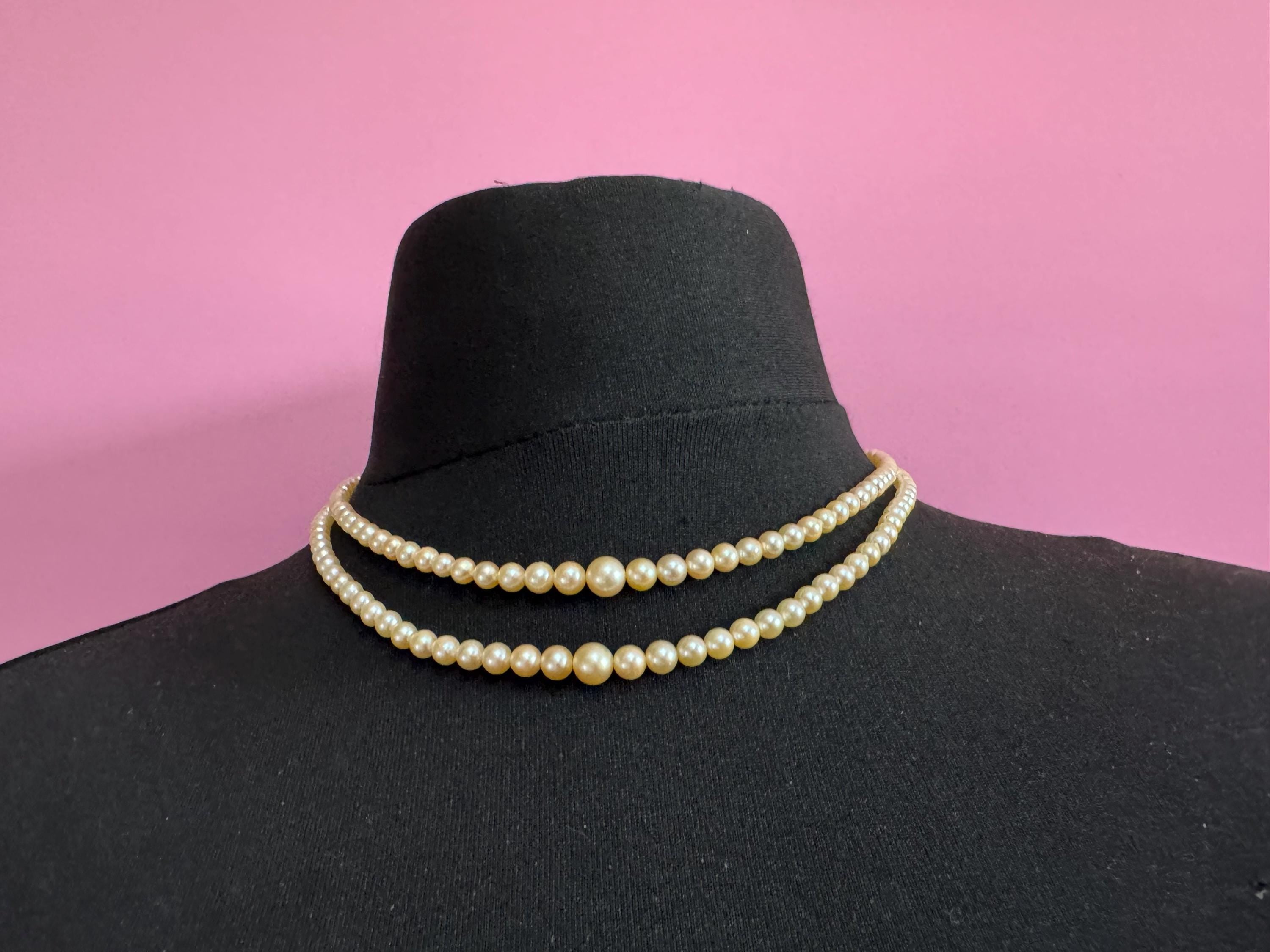 vintage 2 row cream glass pearl necklace with ornate 925 sterling silver clasp 43cm