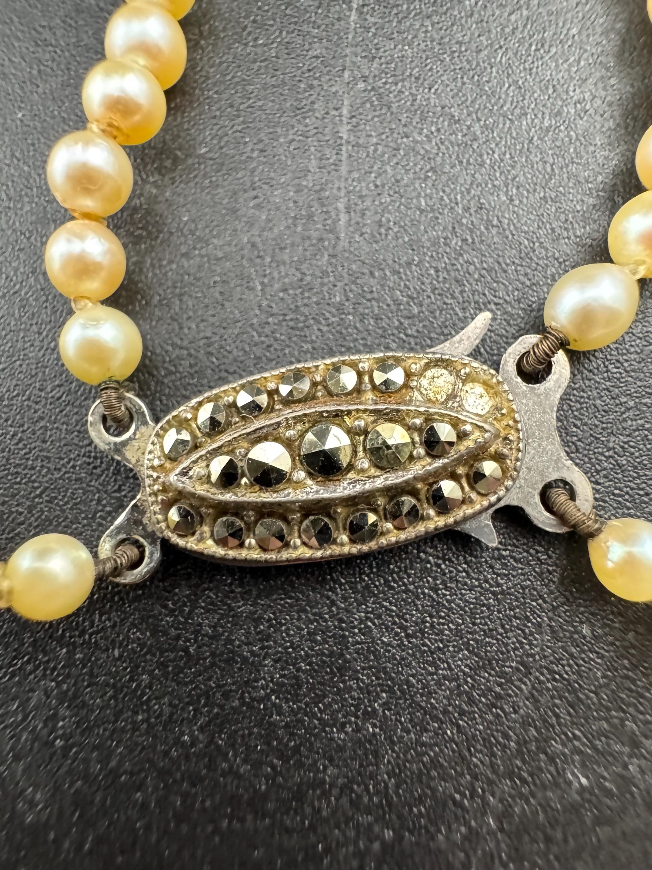 vintage 2 row cream glass pearl necklace with ornate 925 sterling silver clasp 43cm